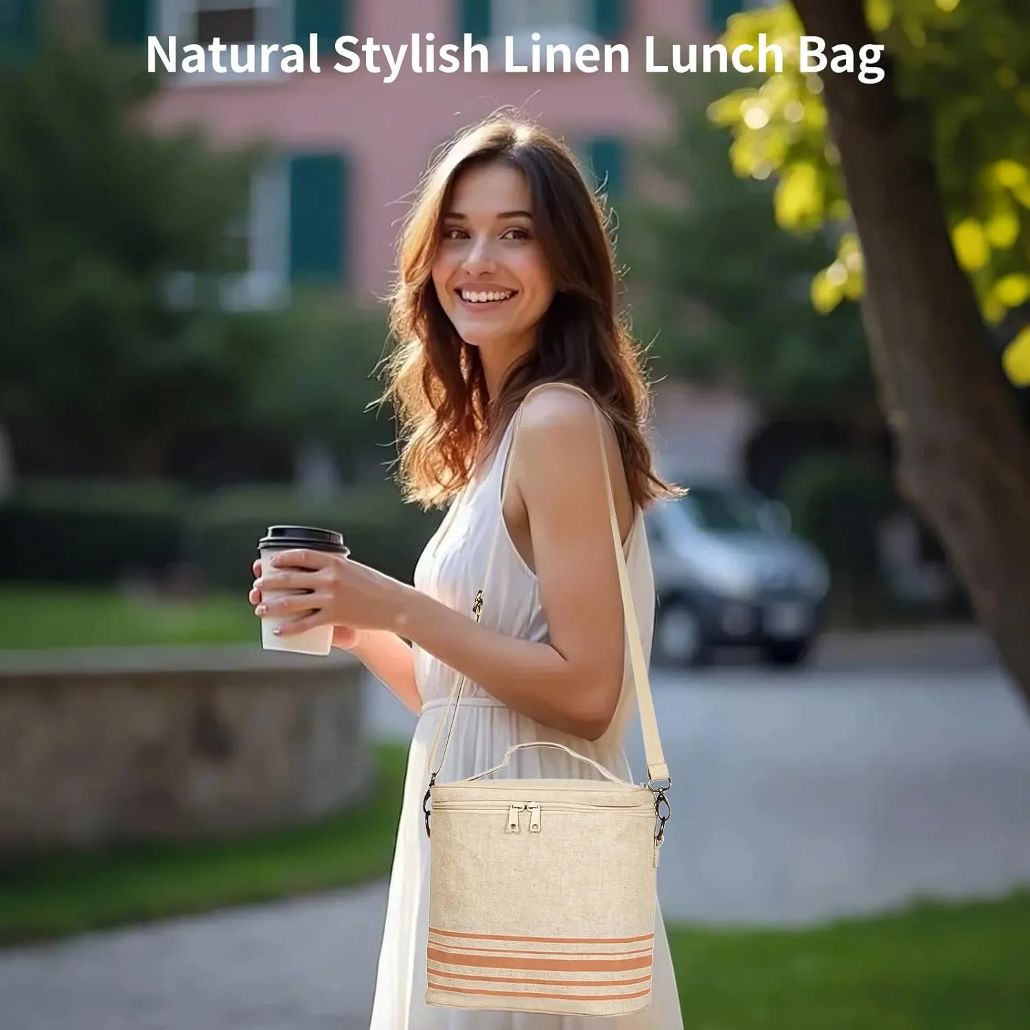 Lunch Tote Bag for Women, Thermal Bag with Double Zipper Close and adjustable shoulder strap, Insulated Cooler Bag for Work, Travel & Picnic (Golden Stripe)
