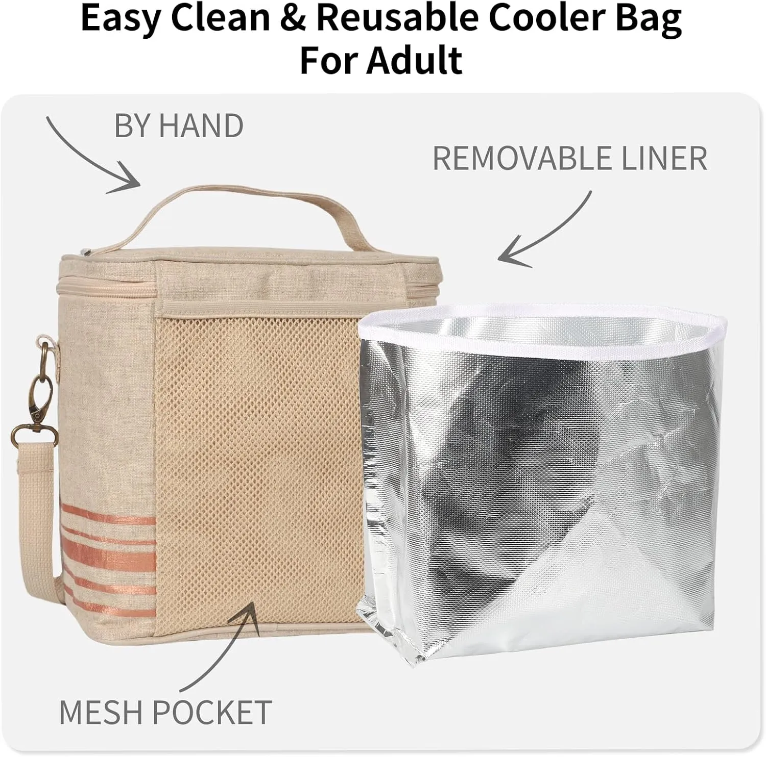 Lunch Tote Bag for Women, Thermal Bag with Double Zipper Close and adjustable shoulder strap, Insulated Cooler Bag for Work, Travel & Picnic (Golden Stripe)
