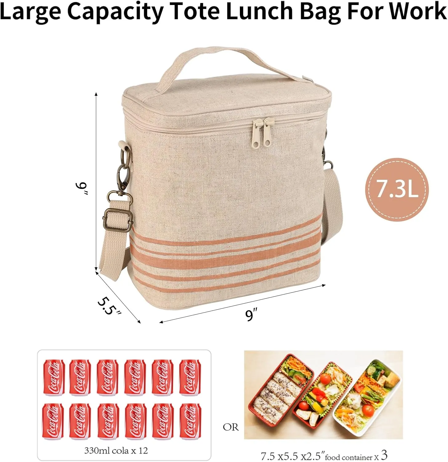 Lunch Tote Bag for Women, Thermal Bag with Double Zipper Close and adjustable shoulder strap, Insulated Cooler Bag for Work, Travel & Picnic (Golden Stripe)