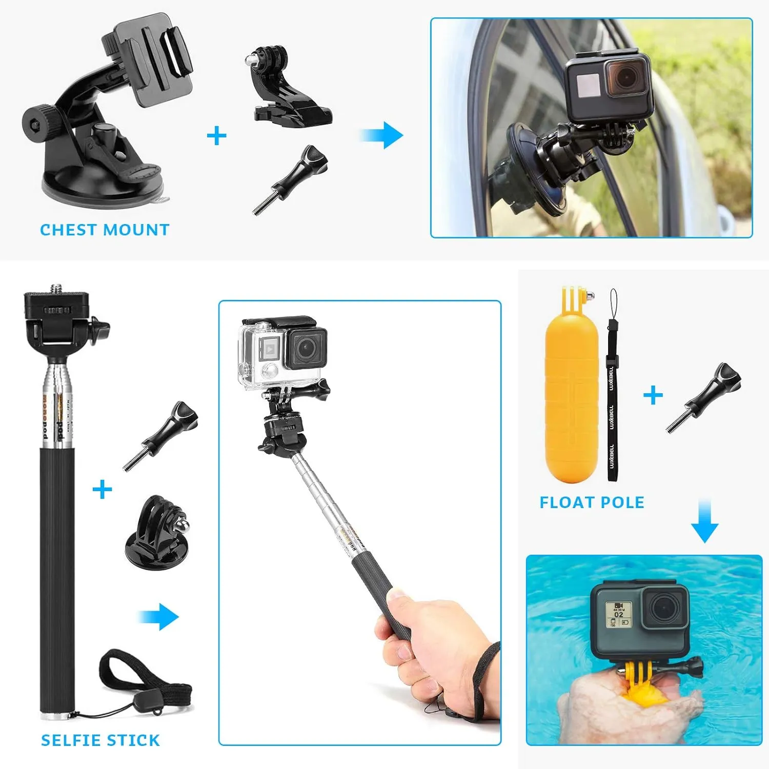Luxebell Accessories Kit for AKASO EK5000 EK7000 4K WiFi Action Camera GoPro Hero 12 11 10 9 8 7 6 5/Session 5/Hero 4/3 /3/2/1 Max Fusion SJ4000 SJ5000 (14-in-1)