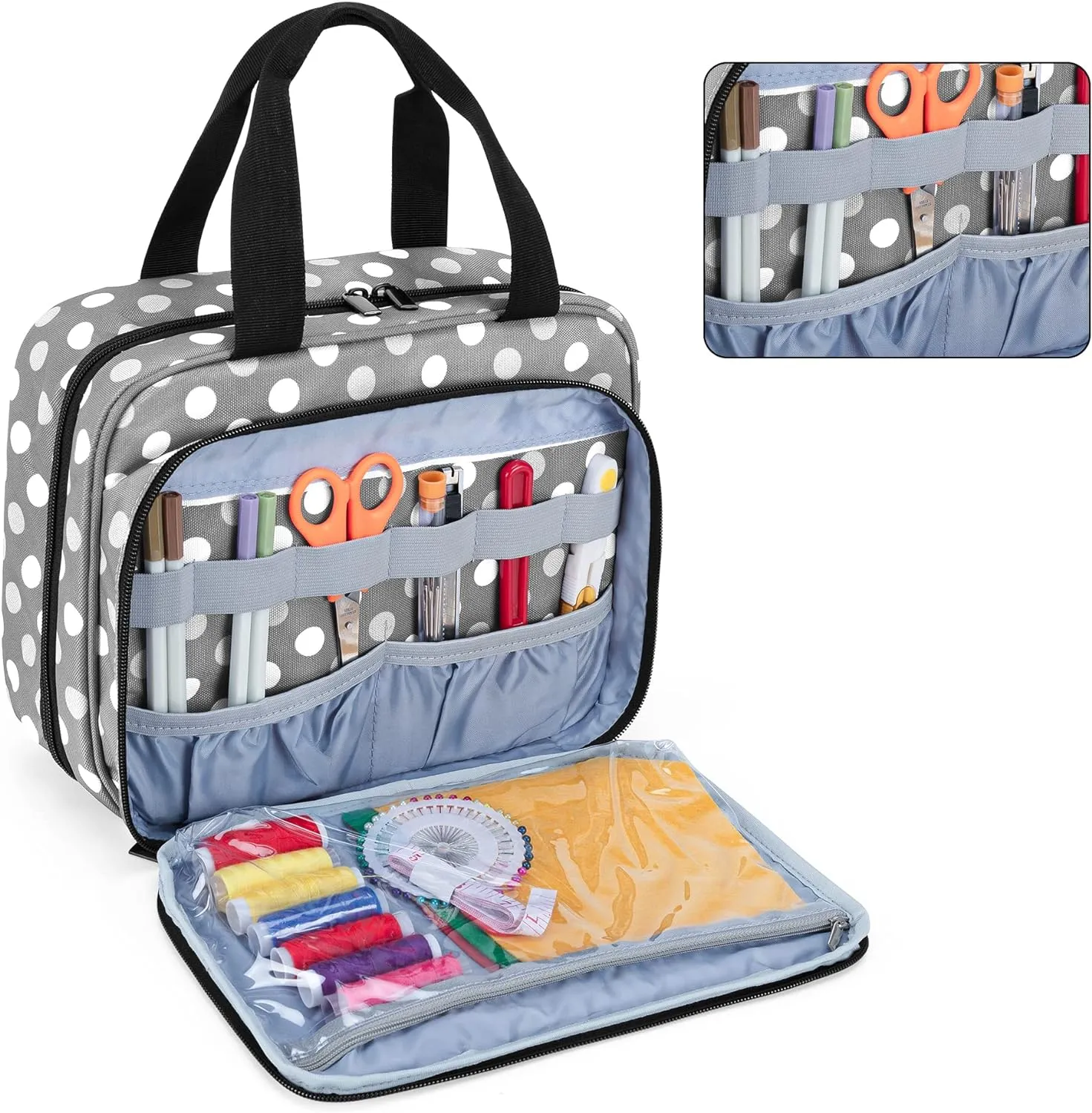 Luxja Large Sewing Organizer with 3 Inner Sections (Fold up Easily), Sewing Supply Organizer with Versatile Pockets (No Accessories Included), Polka Dots