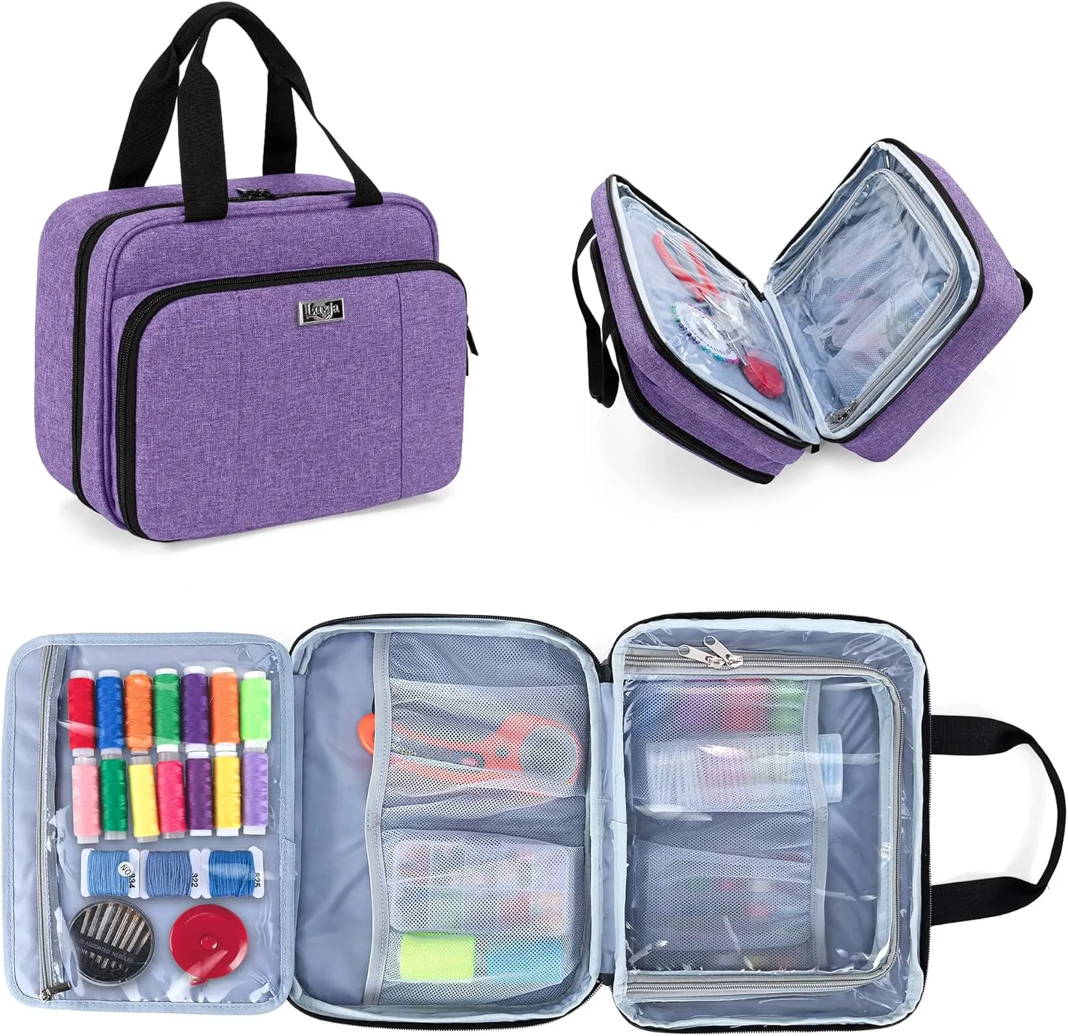 Luxja Large Sewing Organizer with 3 Inner Sections (Fold up Easily), Sewing Supply Organizer with Versatile Pockets (No Accessories Included), Purple