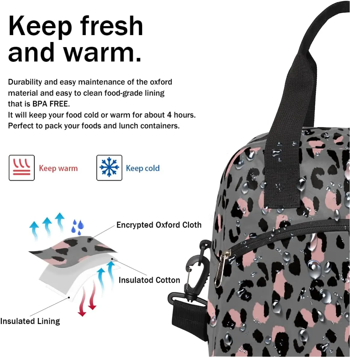 Luxury Grey Leopard Cheetah Insulated Lunch Bag for Women Men Adult Lunch Tote Bag with Shoulder Strap Reusable Lunch Box Large Containers Thermal Cooler Bag for Work School Picnic Lightweight Handbag