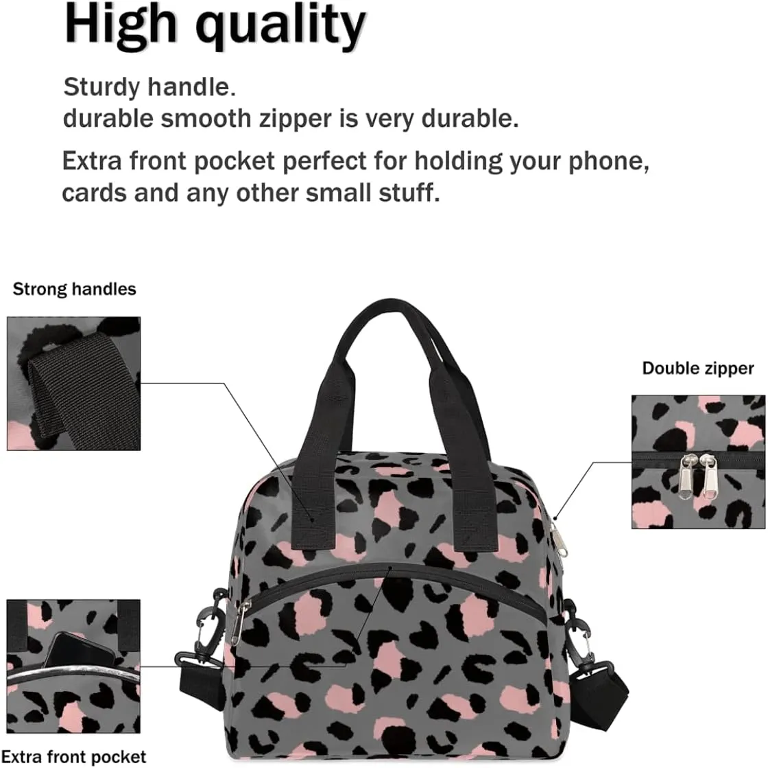 Luxury Grey Leopard Cheetah Insulated Lunch Bag for Women Men Adult Lunch Tote Bag with Shoulder Strap Reusable Lunch Box Large Containers Thermal Cooler Bag for Work School Picnic Lightweight Handbag