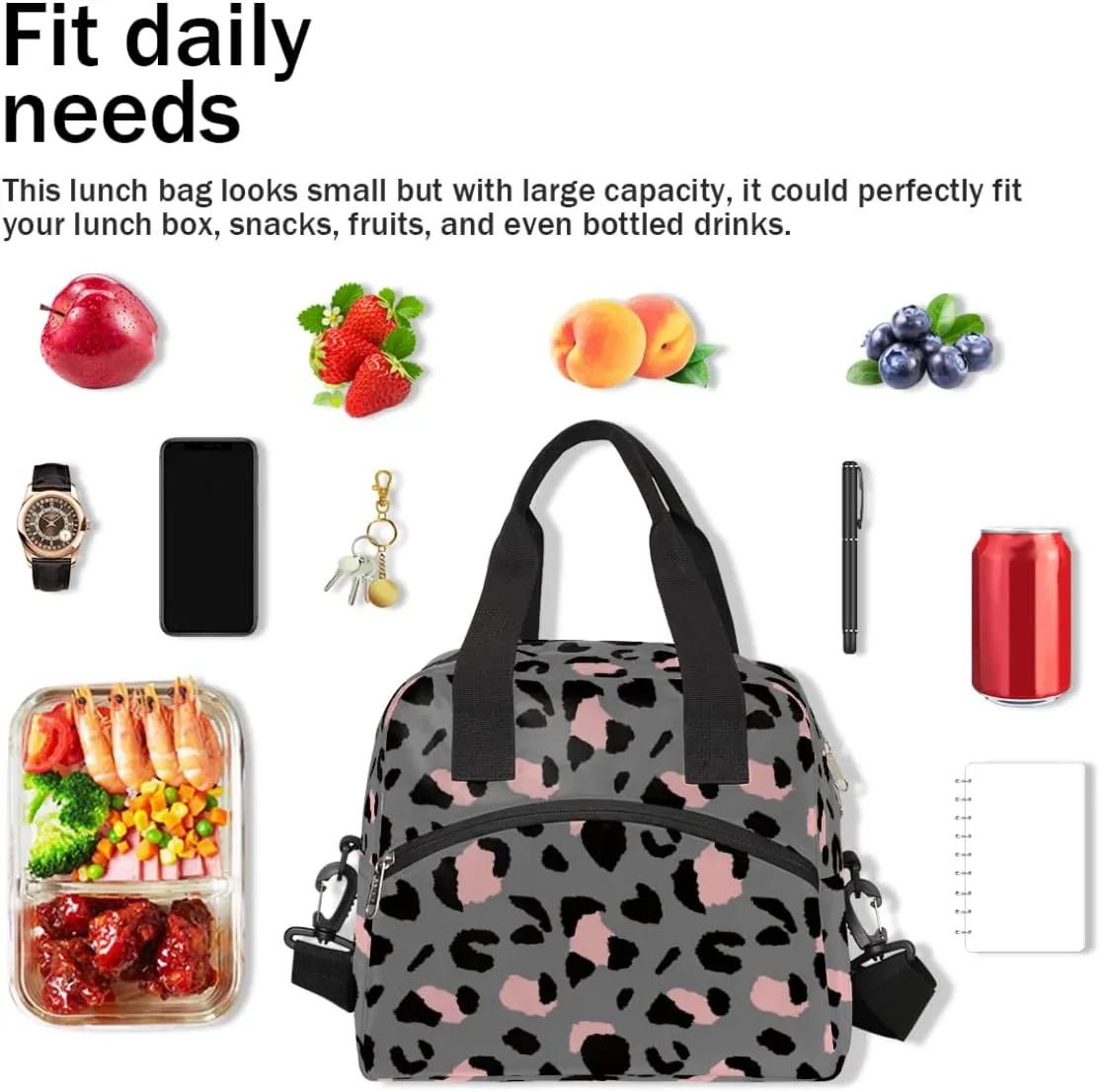 Luxury Grey Leopard Cheetah Insulated Lunch Bag for Women Men Adult Lunch Tote Bag with Shoulder Strap Reusable Lunch Box Large Containers Thermal Cooler Bag for Work School Picnic Lightweight Handbag