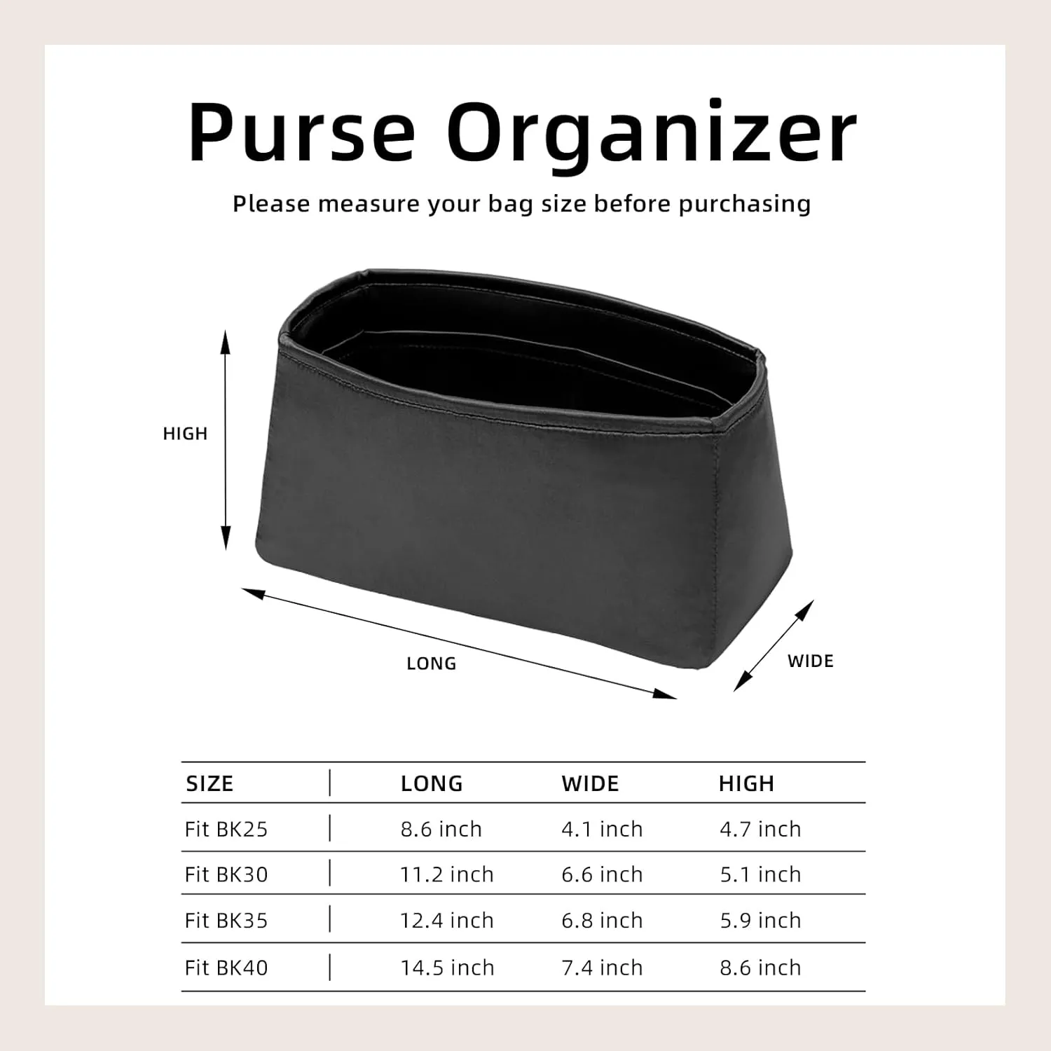 Luxury Silk Purse Organizer for Birkin 25 - Silky Smooth Handbag Insert with Hidden Zipper, Lightweight and Supportive Tote Shaper for Elegant Storage（White）
