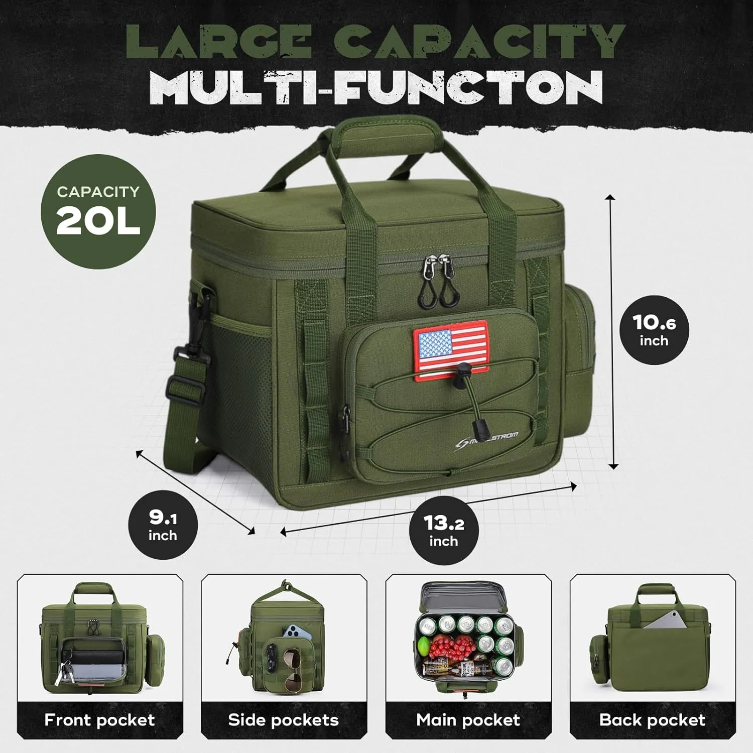 Maelstrom Large Tactical Lunch Box for Men,Insulated Lunch Bag, Leakproof Soft Cooler Bags with Detachable MOLLE Bag,Durable Lunch Tote for Adult Women Work,Picnic,30 Cans/20 L, Army Green