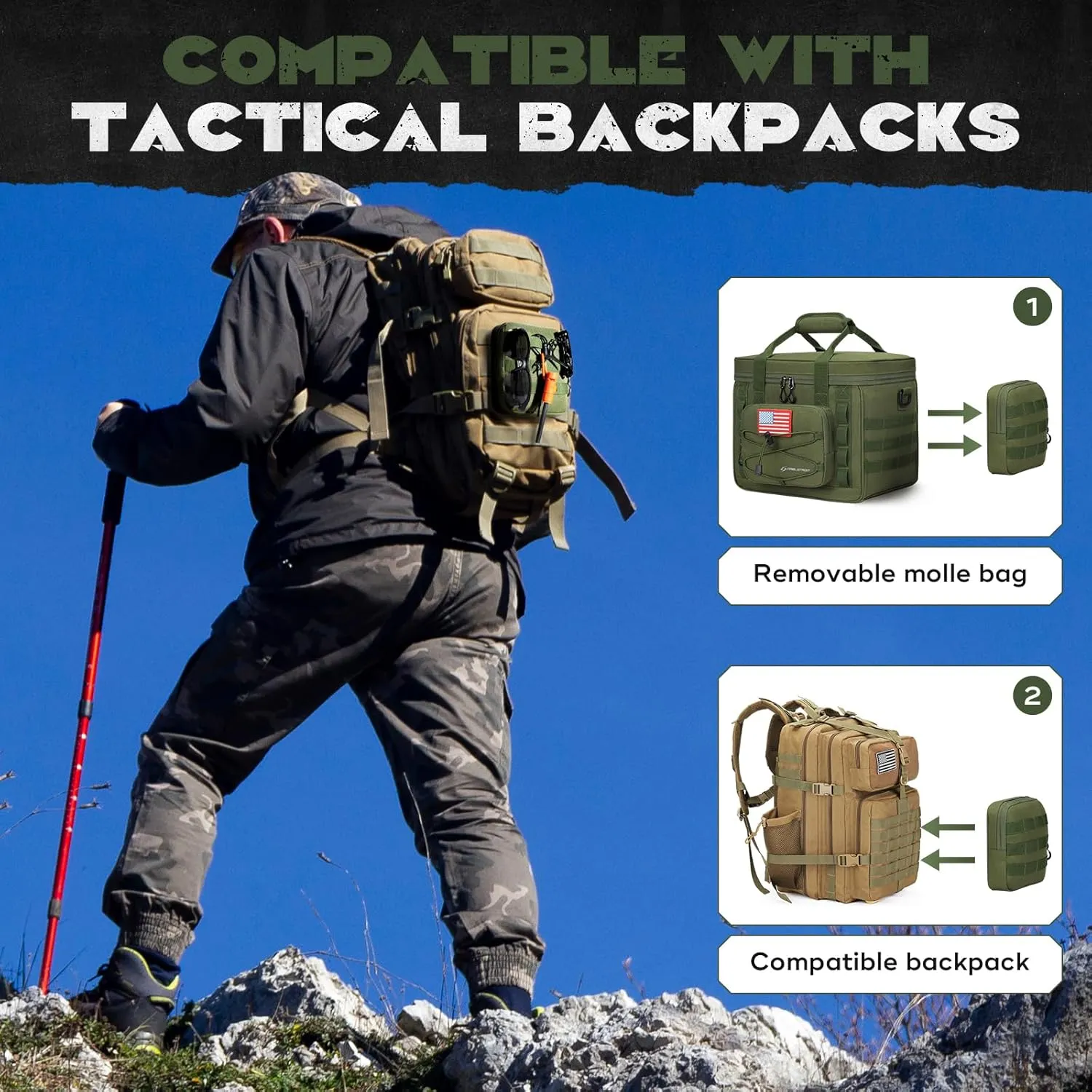 Maelstrom Large Tactical Lunch Box for Men,Insulated Lunch Bag, Leakproof Soft Cooler Bags with Detachable MOLLE Bag,Durable Lunch Tote for Adult Women Work,Picnic,30 Cans/20 L, Army Green