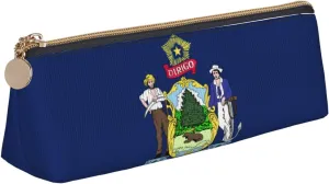 Maine State Flag Triangle Leather Case Pouch with Spacious Interior, Zipper Closure for Writing Tools, Office, White, One Size, Make-Up Pouch
