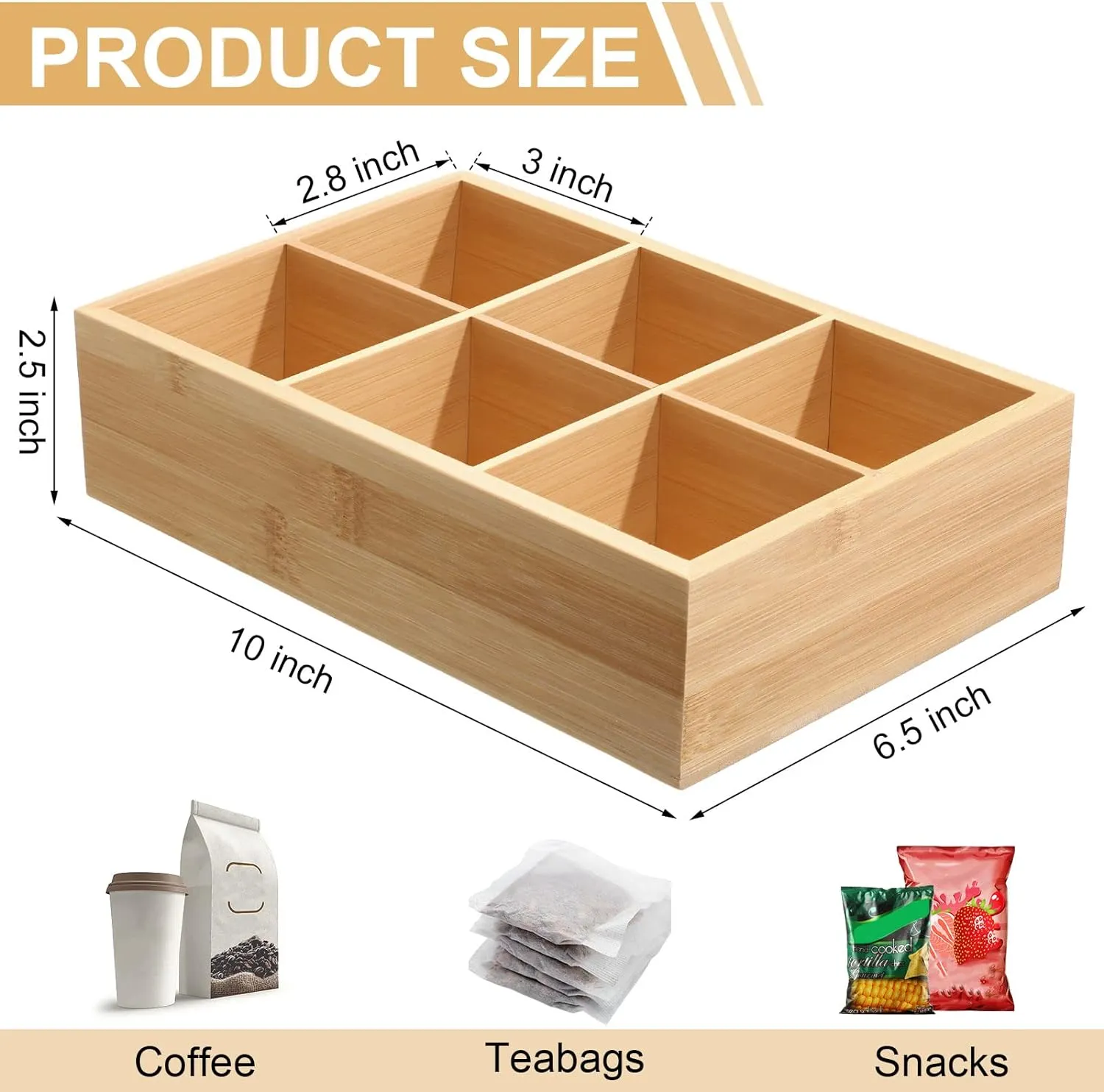 Maitys 4 Pcs Bamboo Divided Storage Organizer Bamboo Container with 6 Compartments Food Storage Bin Wooden Tea Drawer Box Bin Holder Case for Snacks Tea Bags Coffee Sugar