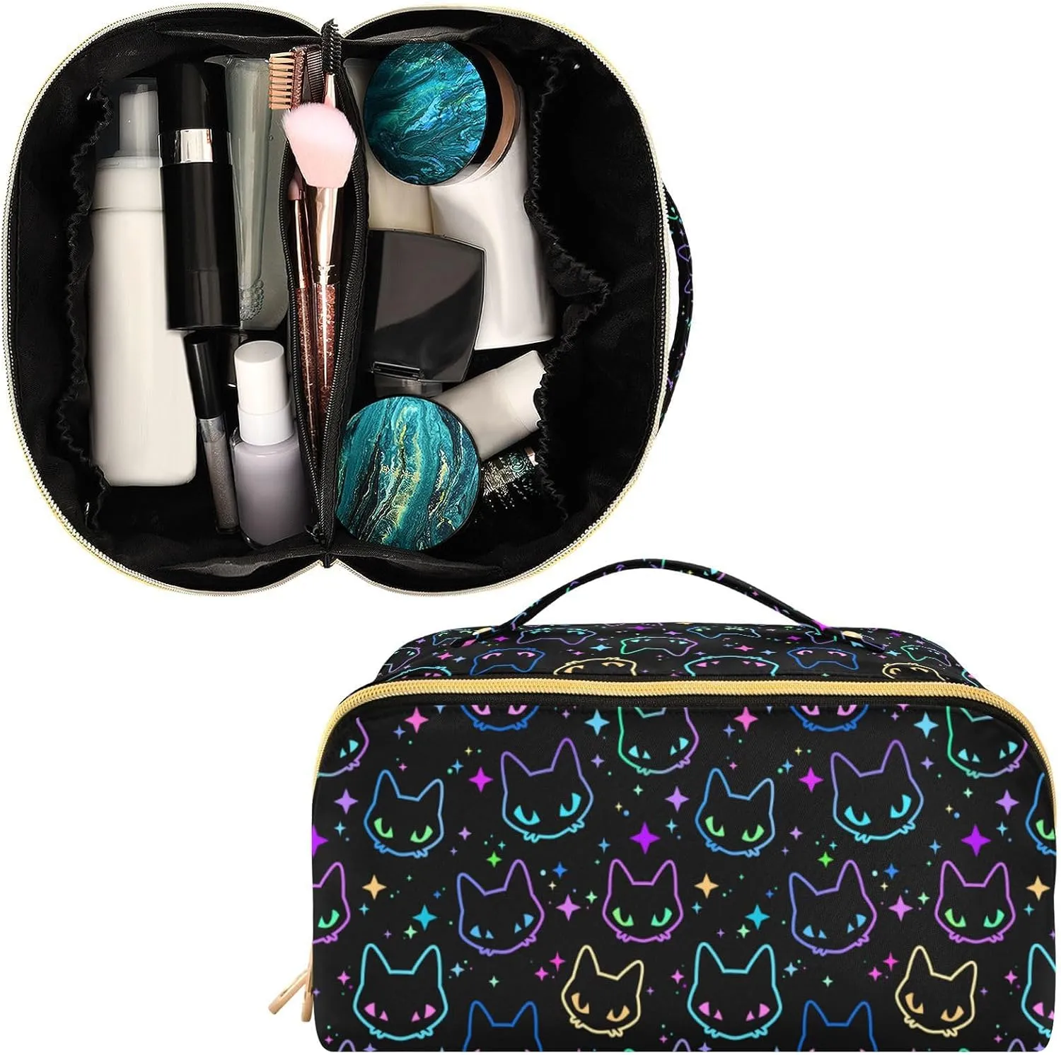 Makeup Organizer Bag, Colorful Neon Cat Heads Travel Makeup Bags Makeup Vanity Case Large Capacity Rhombus Cosmetic Toiletry Bag for Girl Women Ladies