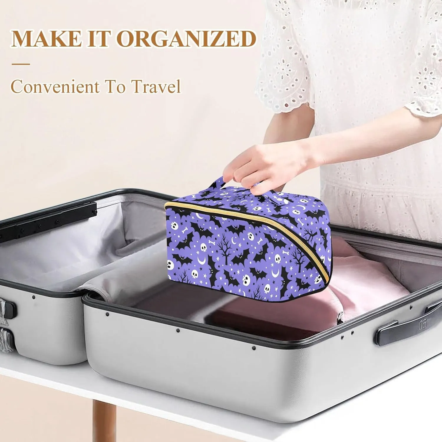 Makeup Organizer Bag, Halloween Bat Travel Makeup Bags Makeup Vanity Case Large Capacity Rhombus Cosmetic Toiletry Bag for Girl Women Ladies