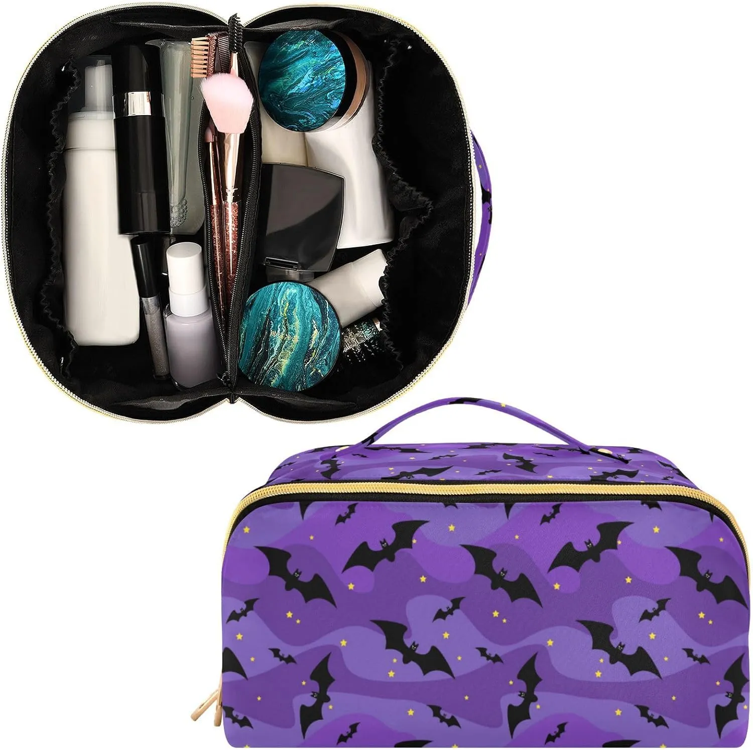 Makeup Organizer Bag, Halloween Black Bats Night Sky with Stars Travel Makeup Bags Makeup Vanity Case Large Capacity Rhombus Cosmetic Toiletry Bag for Girl Women Ladies