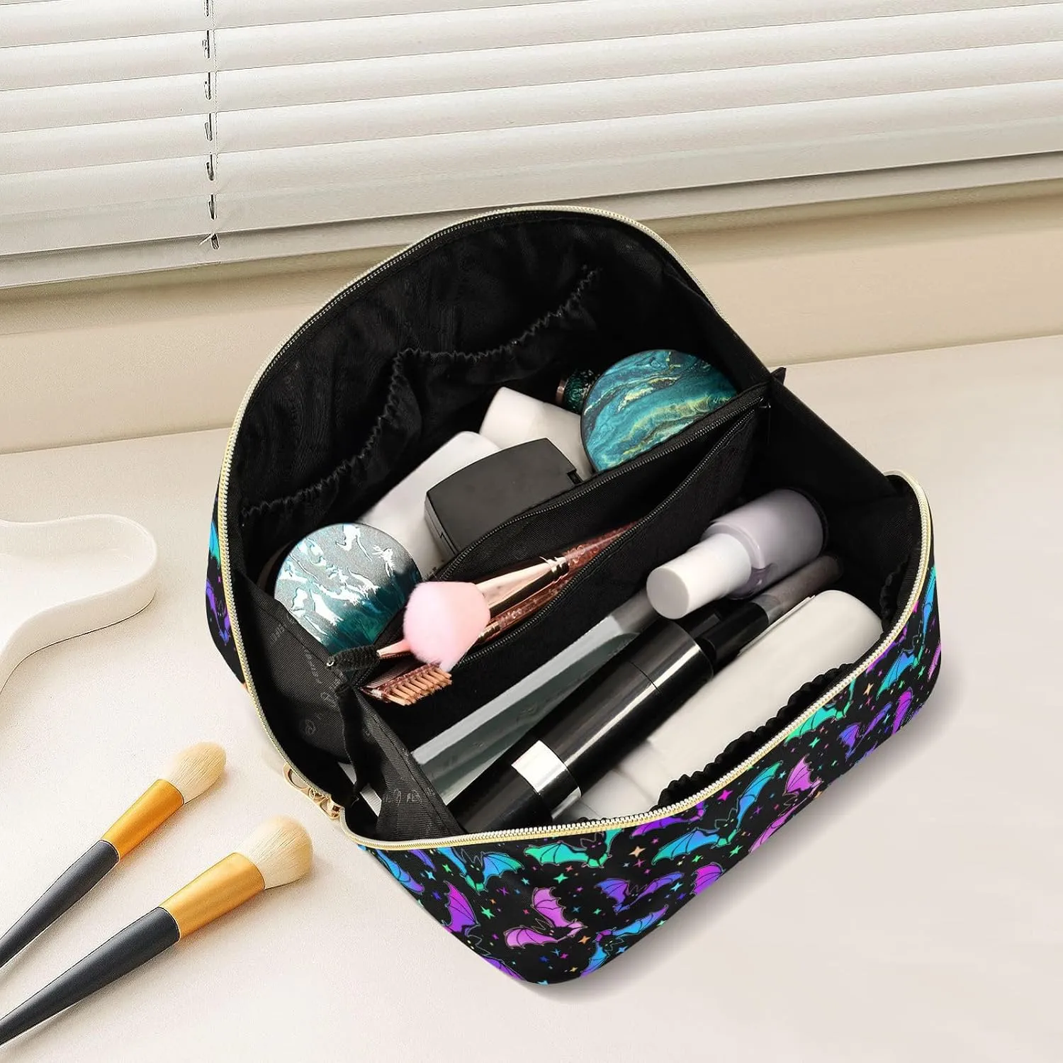 Makeup Organizer Bag, Halloween Luminous Bats Travel Makeup Bags Makeup Vanity Case Large Capacity Rhombus Cosmetic Toiletry Bag for Girl Women Ladies