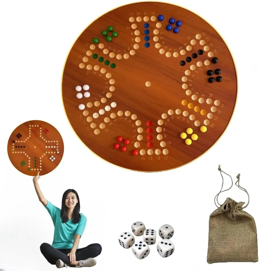 Marble Board Game Wooden Wahoo Board Game Walnut Color Board Game Double-Sided Painted Engraved Numbers Game Board with 6 Colors 30Marbles 6 Dice for Adults Family Night Game, 6 and 4 Player