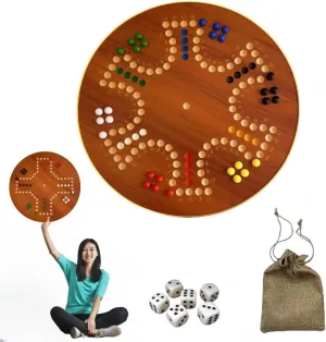 Marble Board Game Wooden Wahoo Board Game Walnut Color Board Game Double-Sided Painted Engraved Numbers Game Board with 6 Colors 30Marbles 6 Dice for Adults Family Night Game, 6 and 4 Player