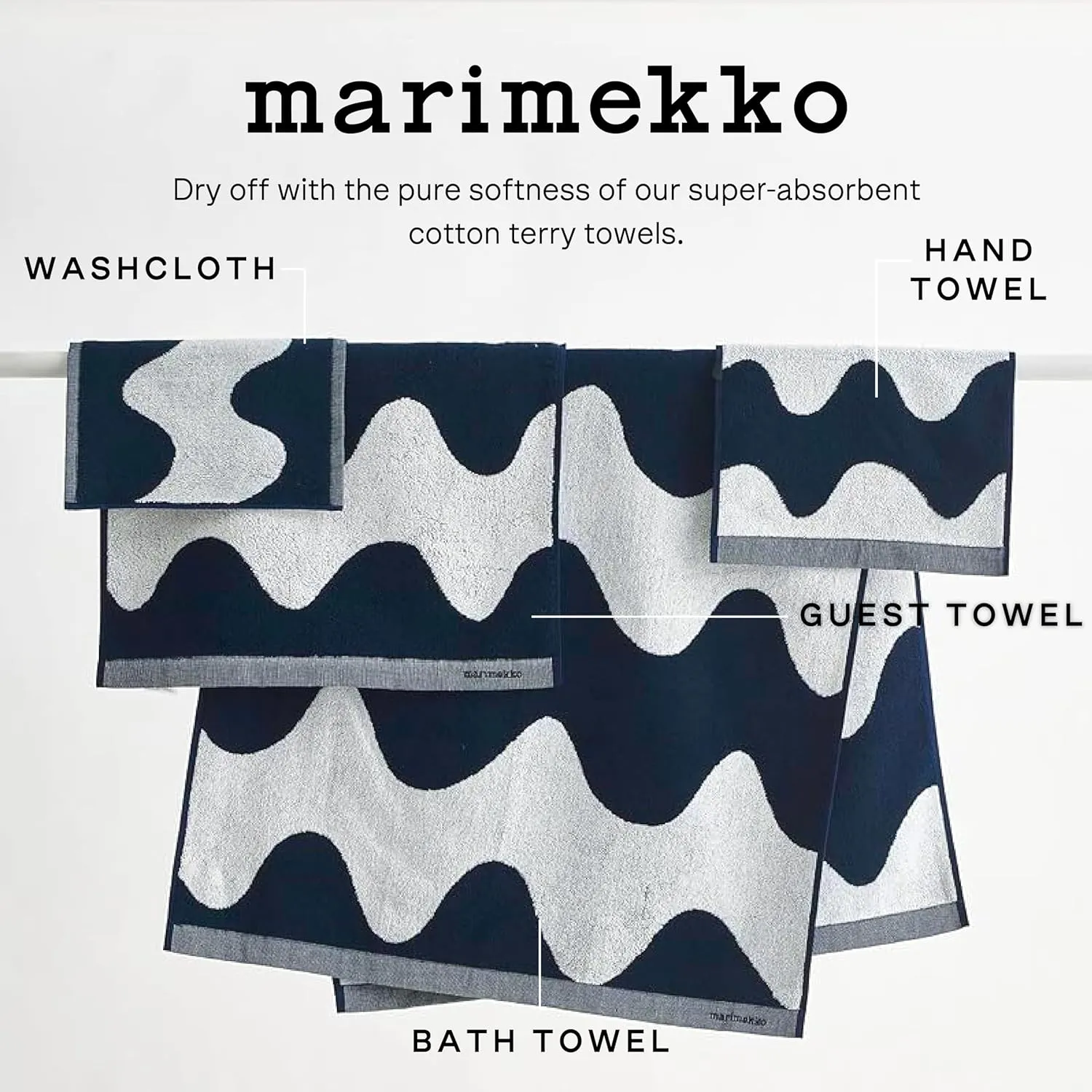 MARIMEKKO Lokki Terry Cotton Hand Towel (Beige) – Waves Patterned Hand Towels – 28 in x 20 in