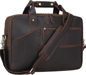 Masa Kawa Leather Briefcase for Men 15.6" Laptop Computer Crossbody Shoulder Messenger Bag Vintage Brown Business Travel Office Work Attache Case