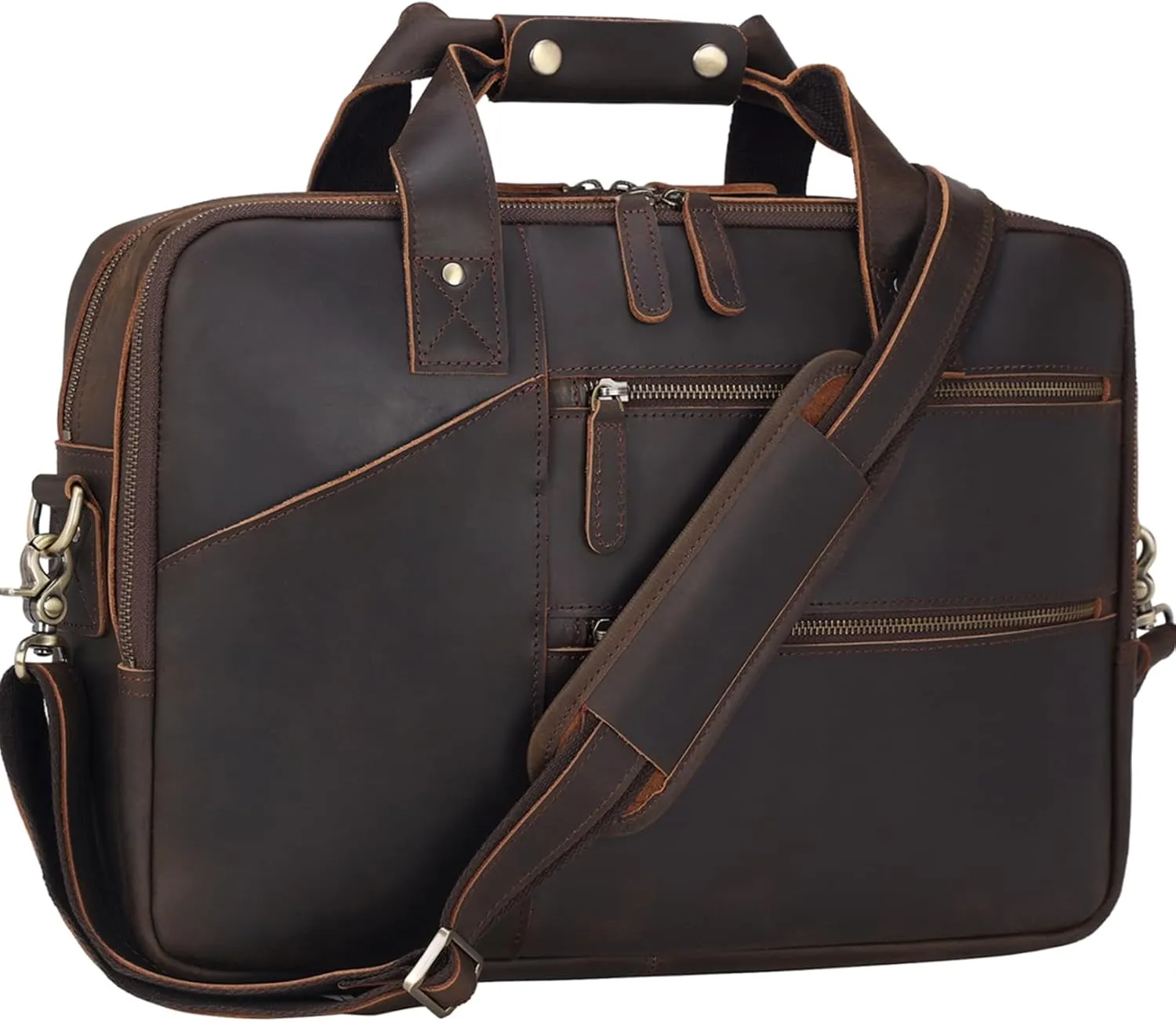 Masa Kawa Leather Briefcase for Men 15.6" Laptop Computer Crossbody Shoulder Messenger Bag Vintage Brown Business Travel Office Work Attache Case
