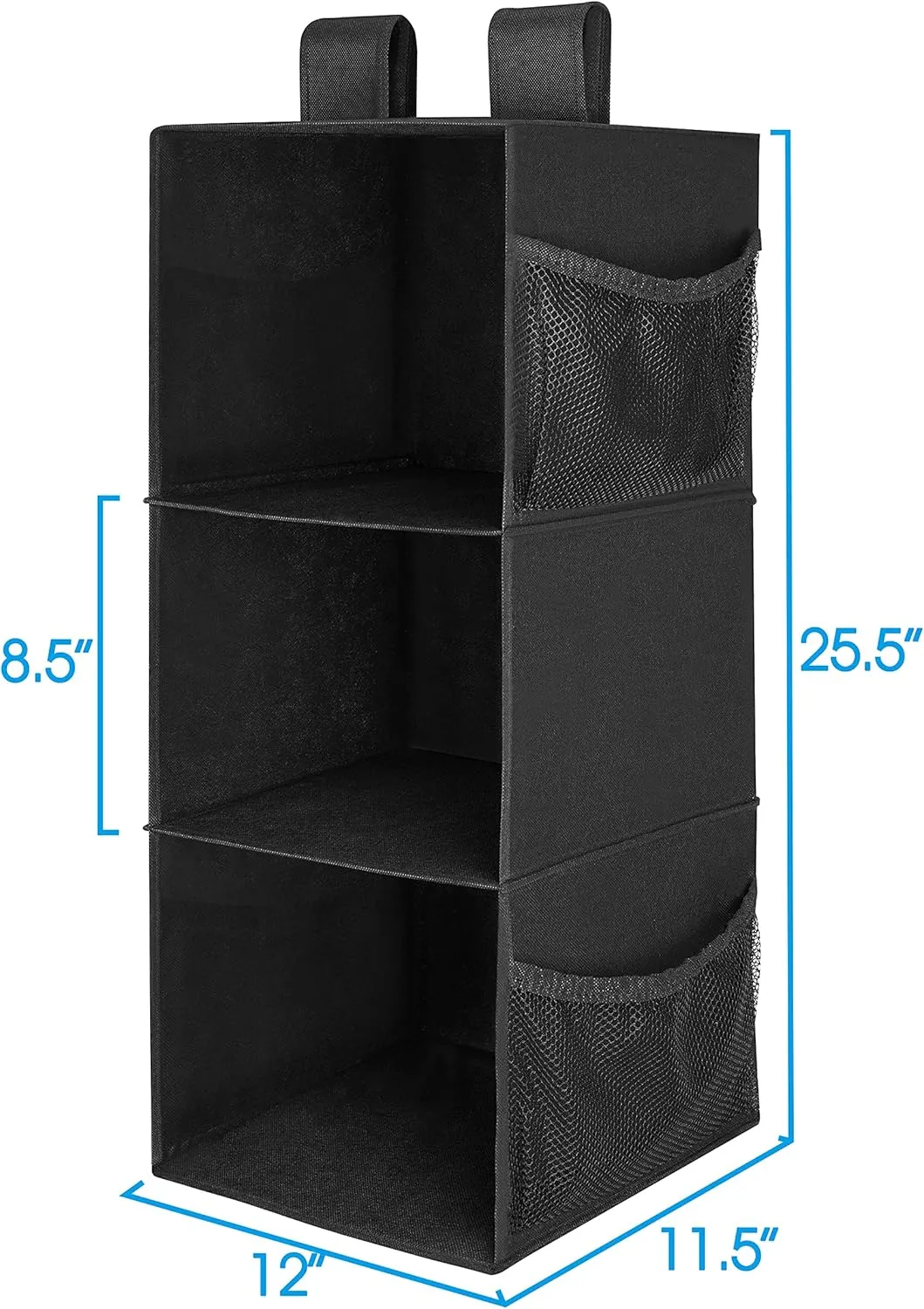 MAX Houser 3-Shelf Hanging Closet Organizers, Collapsible Closet Hanging Shelves for Camper, Nursery Hanging Organizers, Black, 2-Pack