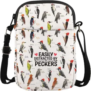 MBMSO Peckers Bird Crossbody Bag Woodpecker Lovers Gifts Easily Distracted by Peckers Crossbody Purse for Ornithologist Gifts
