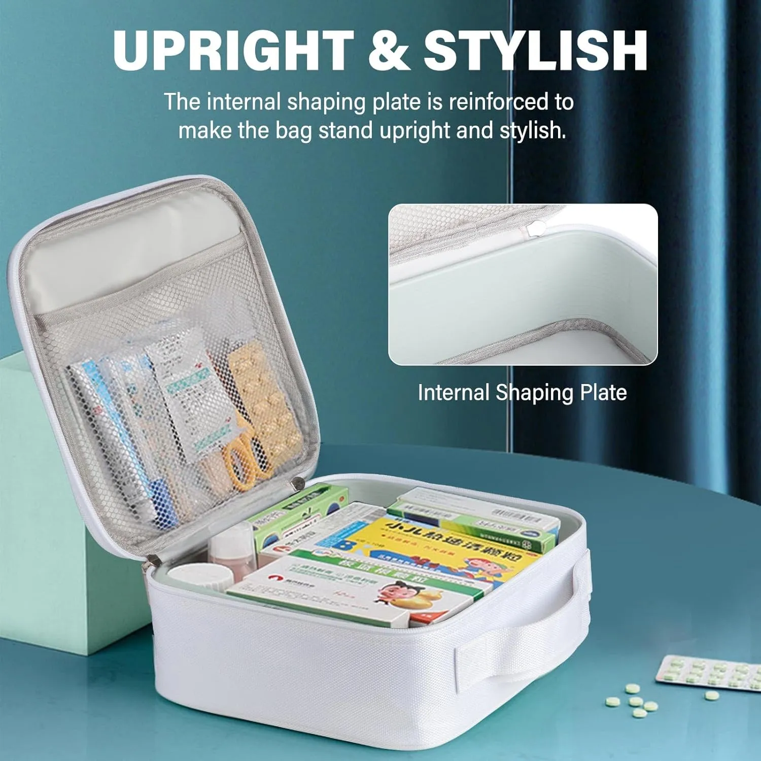 Medicine Bag for Traveling - Splash-Resistant, Hard Plastic Reinforced Edges, Oxford Fabric - Medical Supply Organizer Ideal for Everyday Home Use and Travel (White)