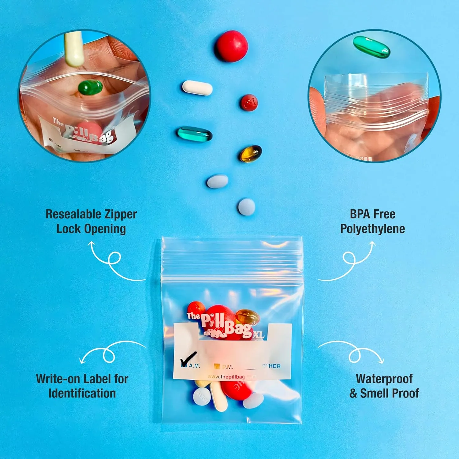 Medicine Pill Organizer, Labels for AM/PM, Resealable, Portable, Disposable Pouches for Medicine, Vitamins, Gummies,Plastic Pill Bags for Travel, Walks XL Size |100 Count (2 Packs of 50)