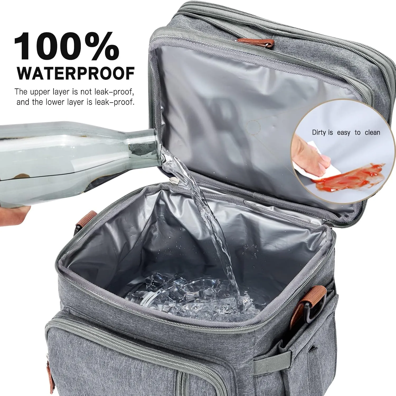 Men's and Women Double Compartment Lunch Bag, Insulated Lunch Cooler Tote 2 Roomy Large Reusable Water-resistant Lunch Box (Grey)