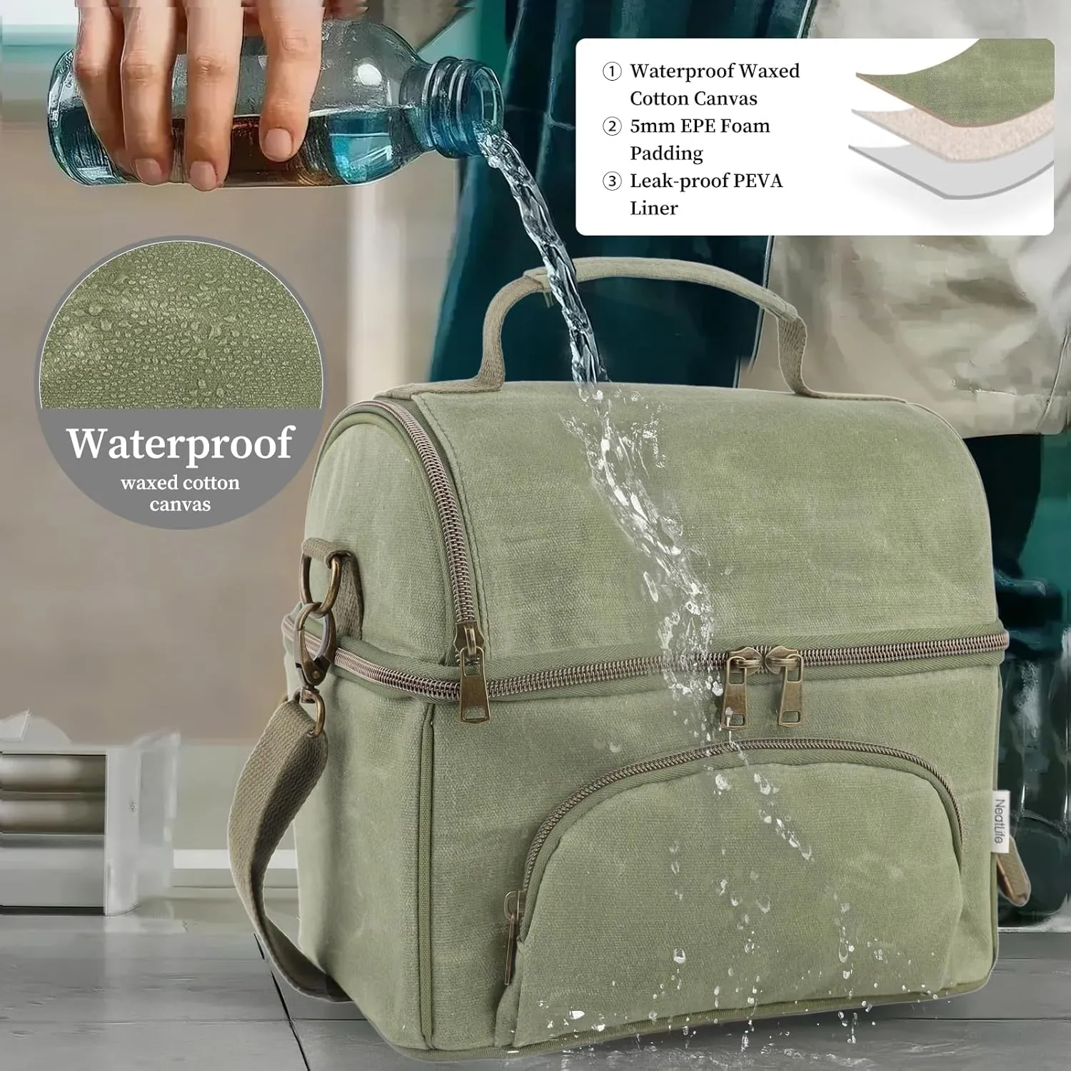 Mens Lunch Box with 2 XL icepacks,Sturdy Waxed Canvas Insulated Lunch Bag for Adult, Dual Compartment Soft Cooler Bag for Work, Picnic, Travel, Outdoors (10.5L) 10"x7"x9.5" (London Green)