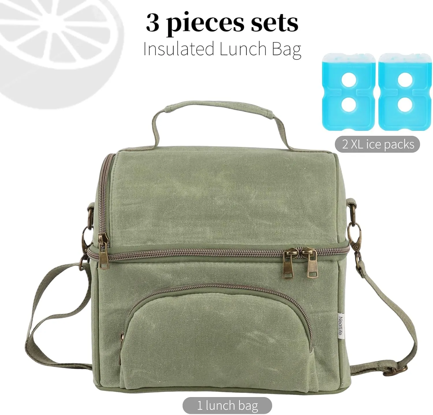 Mens Lunch Box with 2 XL icepacks,Sturdy Waxed Canvas Insulated Lunch Bag for Adult, Dual Compartment Soft Cooler Bag for Work, Picnic, Travel, Outdoors (10.5L) 10"x7"x9.5" (London Green)