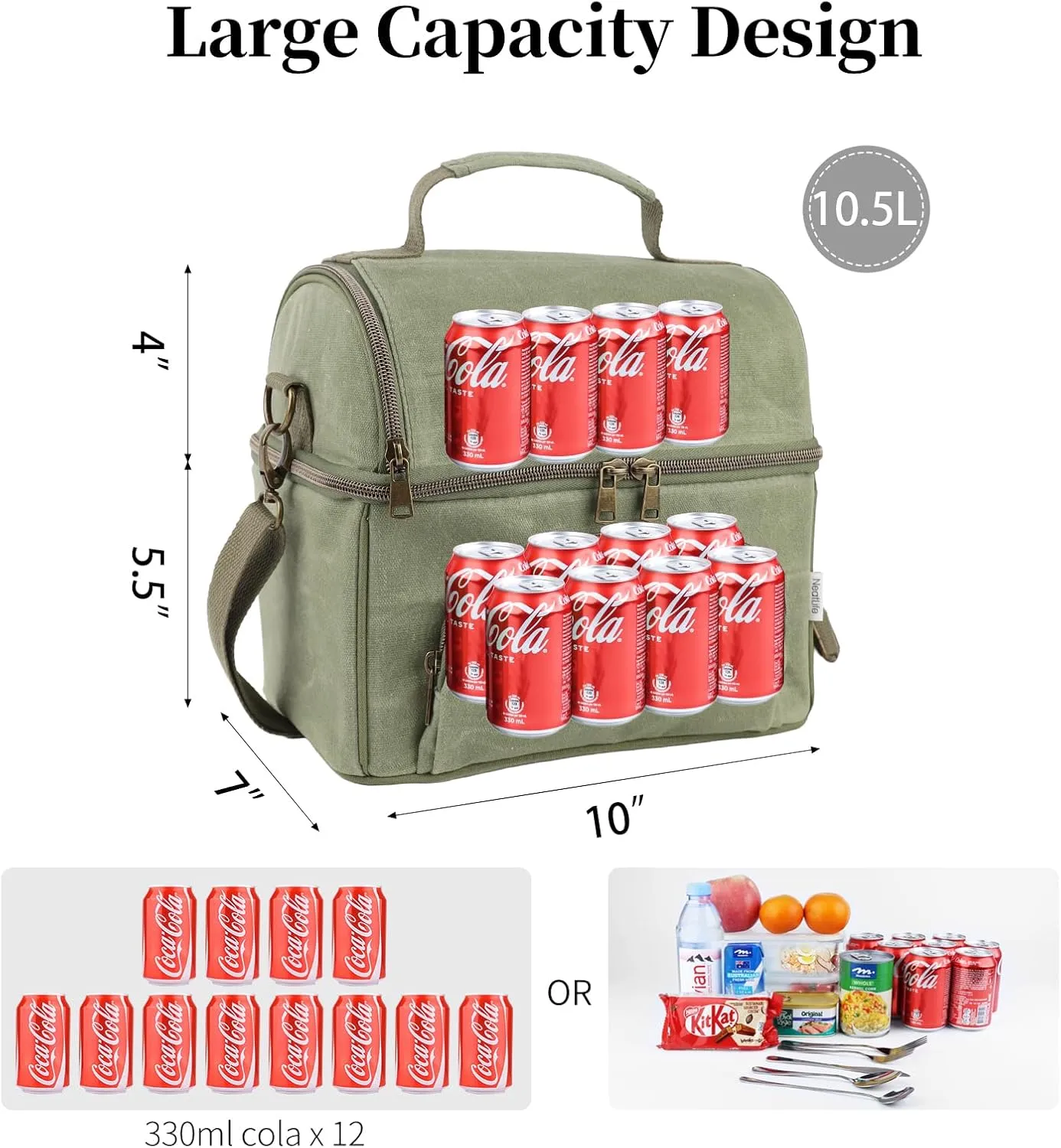 Mens Lunch Box with 2 XL icepacks,Sturdy Waxed Canvas Insulated Lunch Bag for Adult, Dual Compartment Soft Cooler Bag for Work, Picnic, Travel, Outdoors (10.5L) 10"x7"x9.5" (London Green)