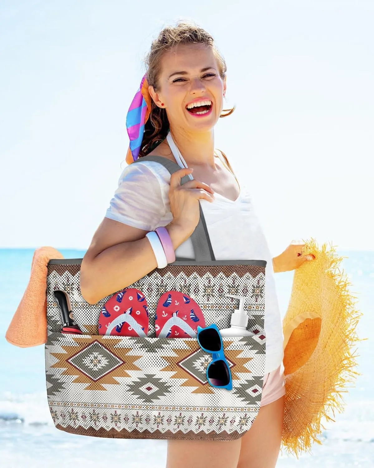 Mesh Beach Bag Oversized Tote Bags Boho Stripes Retro Wood Grain Large Travel Pool Bags Grocery Toy Tote Bags 8 Pockets