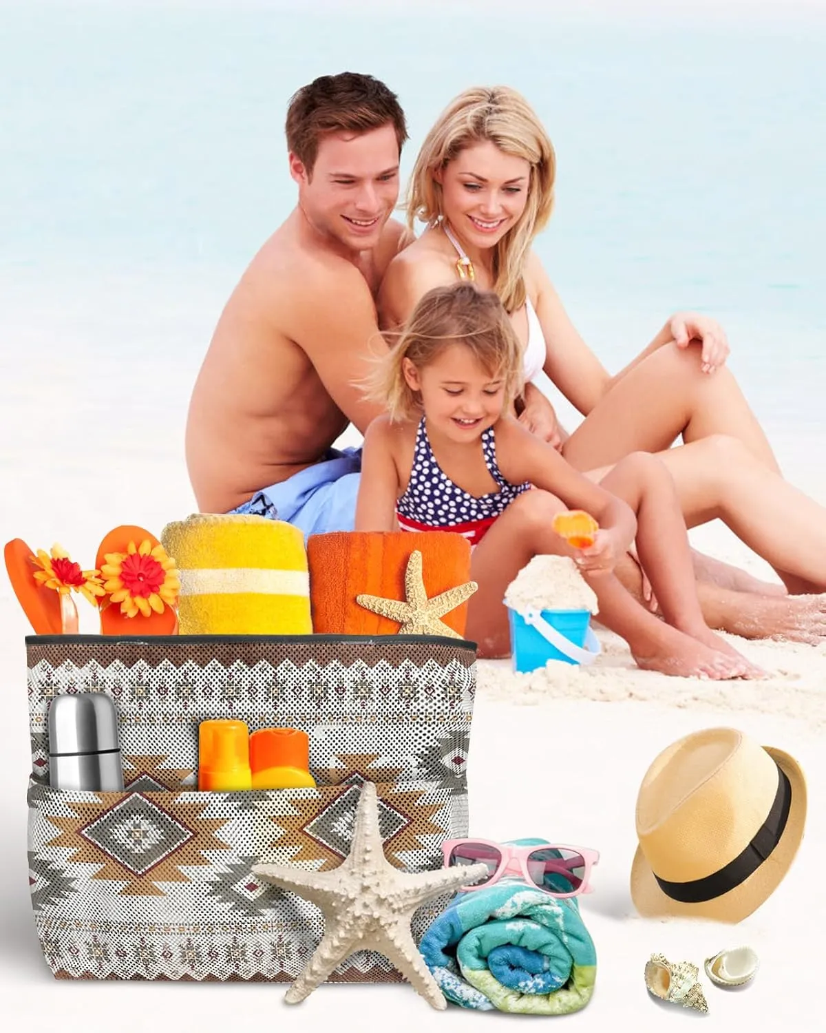 Mesh Beach Bag Oversized Tote Bags Boho Stripes Retro Wood Grain Large Travel Pool Bags Grocery Toy Tote Bags 8 Pockets