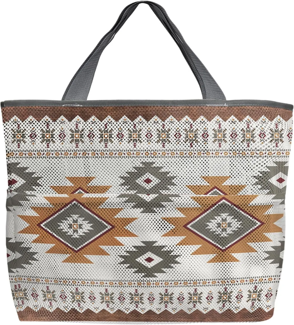 Mesh Beach Bag Oversized Tote Bags Boho Stripes Retro Wood Grain Large Travel Pool Bags Grocery Toy Tote Bags 8 Pockets
