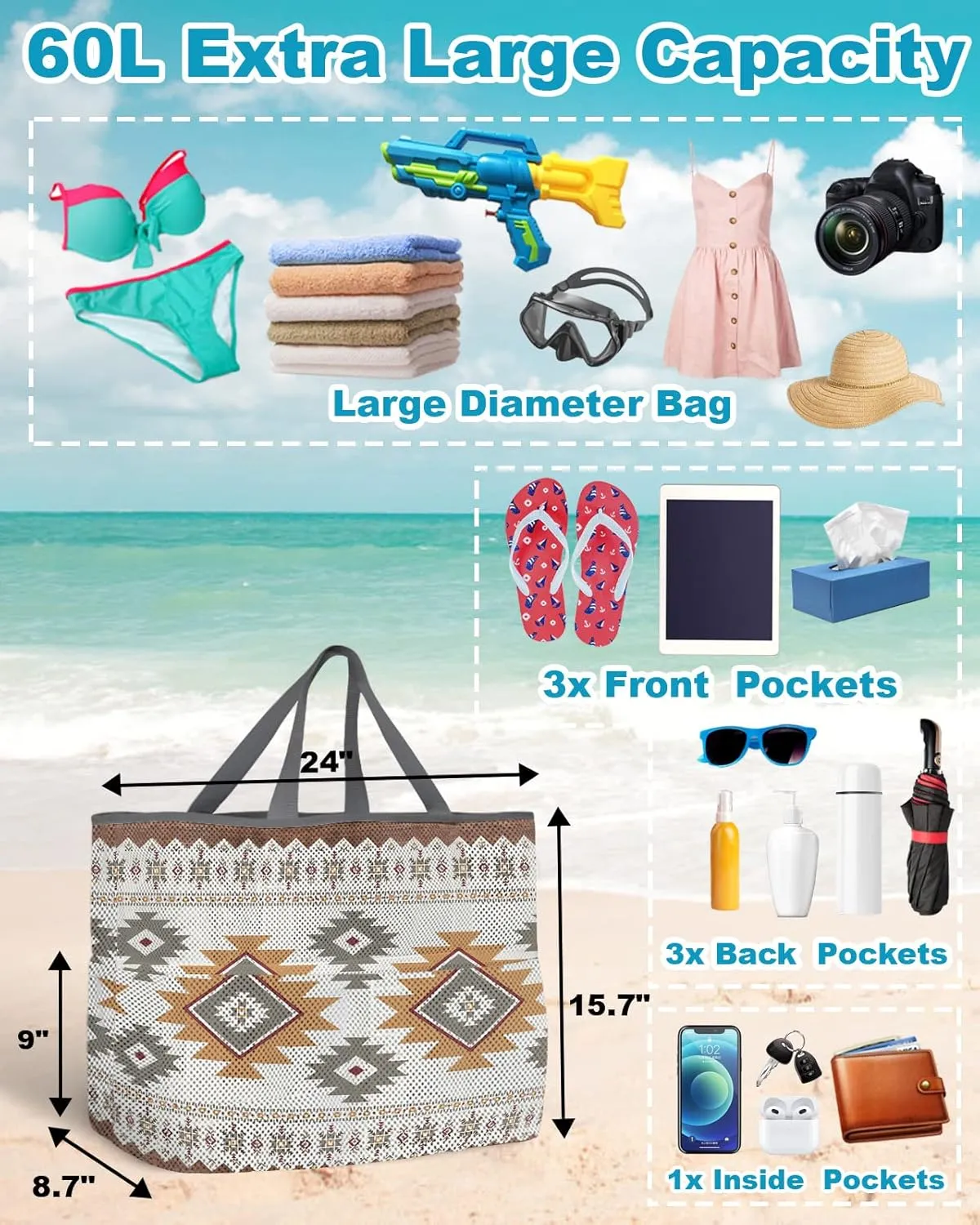 Mesh Beach Bag Oversized Tote Bags Boho Stripes Retro Wood Grain Large Travel Pool Bags Grocery Toy Tote Bags 8 Pockets