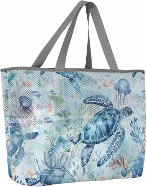 Mesh Beach Bag Oversized Tote Bags for Women Cartoon Sea Turtle Blue Coral Jellyfish Large Travel Pool Bags with 8 Pockets