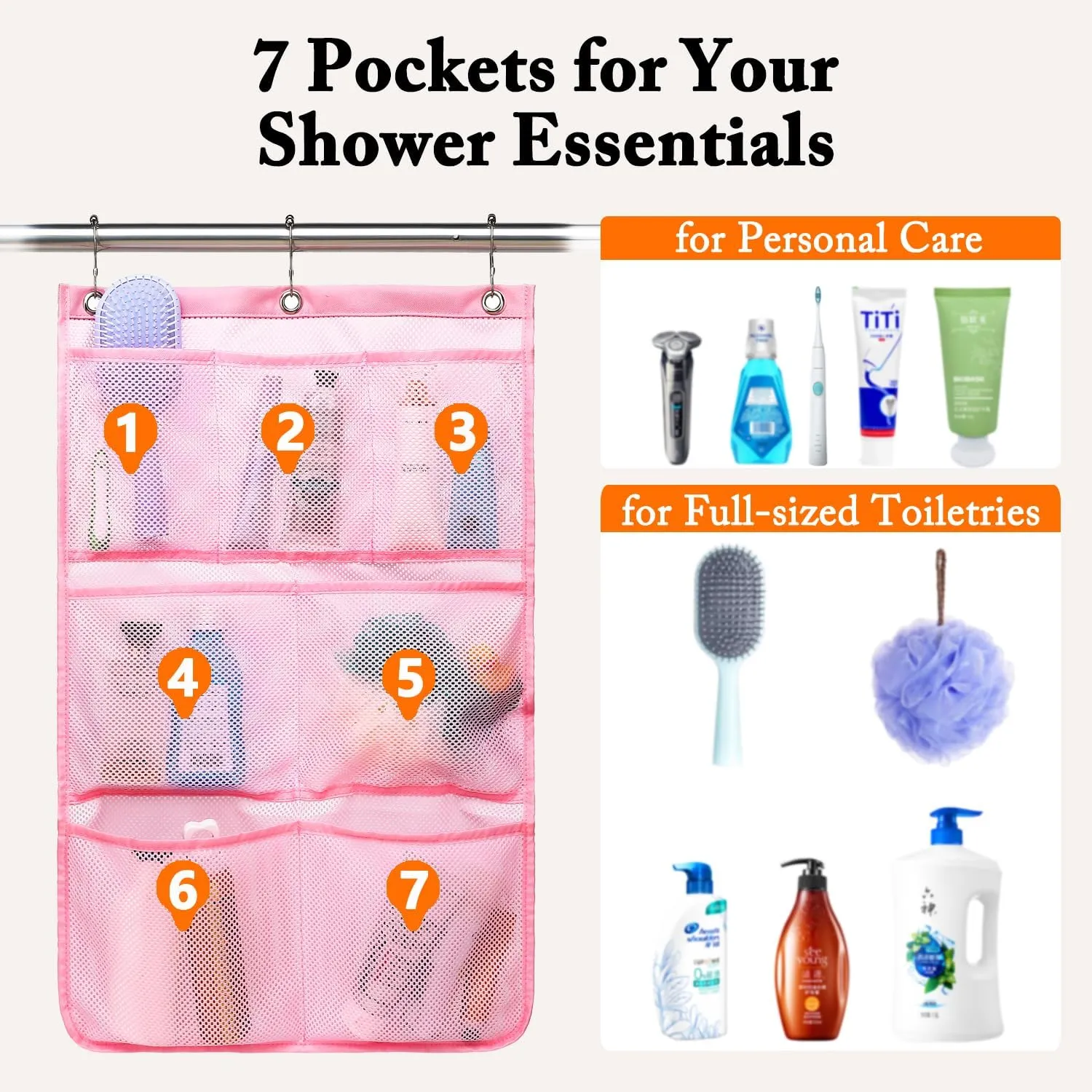Mesh Shower Caddy Hanging, Quick-Drying Shower Organizer with 7 Pockets, Portable Bathroom Organizers and Storage for Shampoo, Soap, Loofah, Travel, and Cruise Essentials