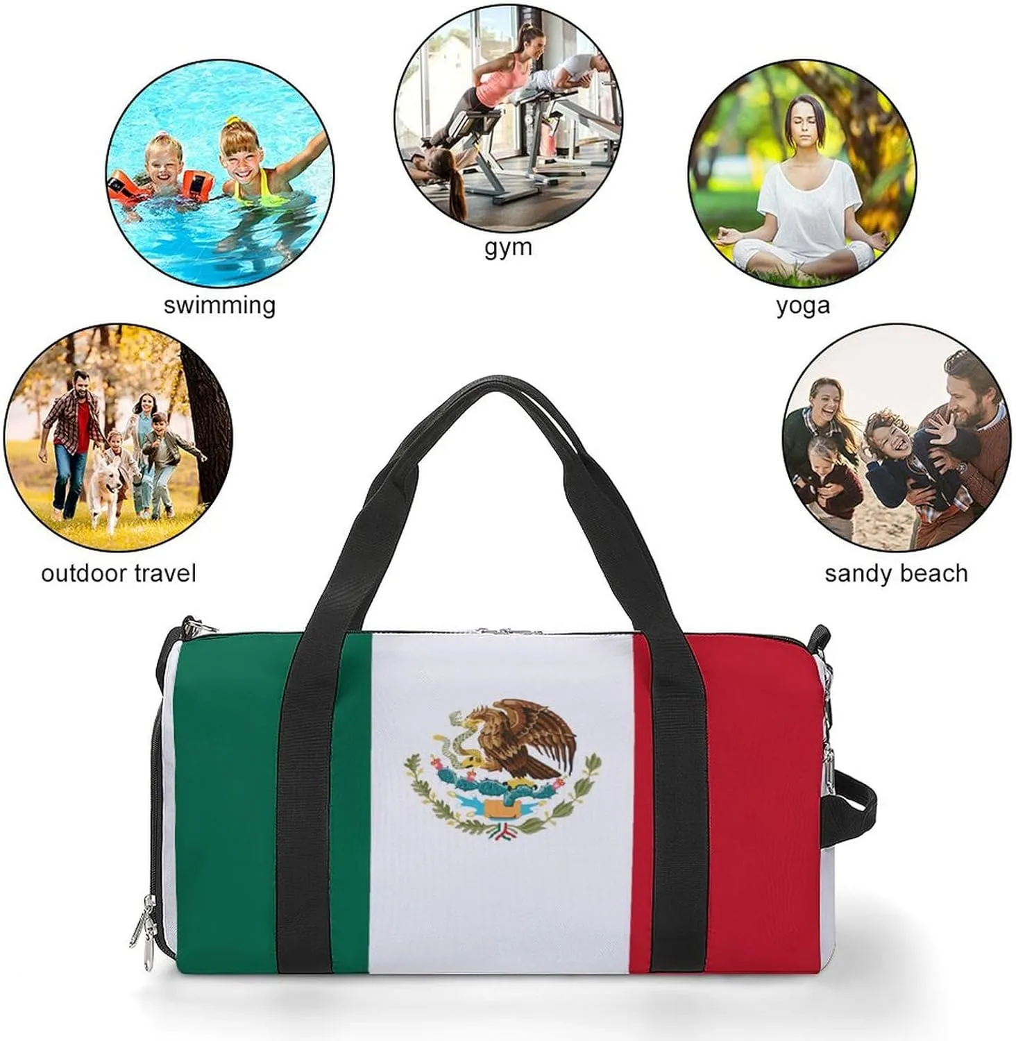 Mexican Flag Sports Duffel Bag for Men Women with Wet Pocket Shoe Compartment
