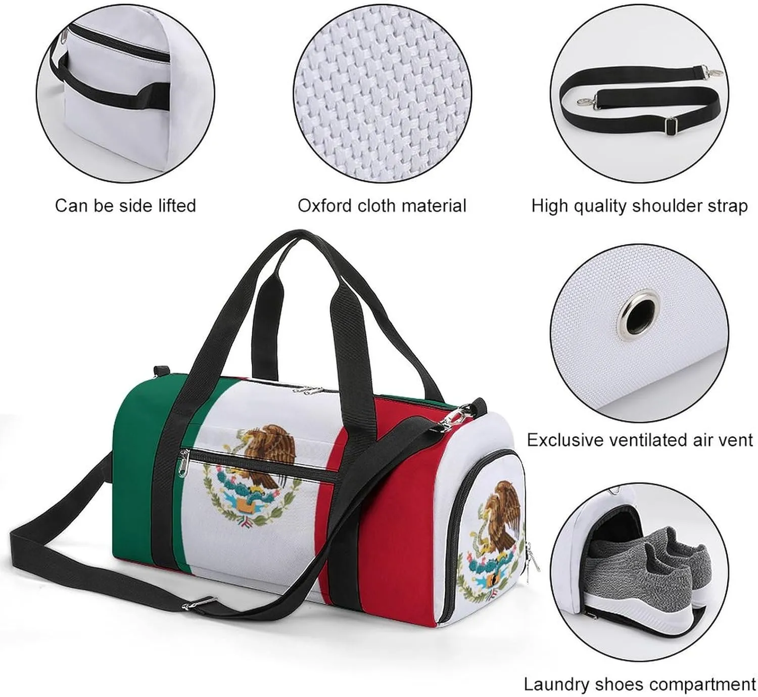 Mexican Flag Sports Duffel Bag for Men Women with Wet Pocket Shoe Compartment