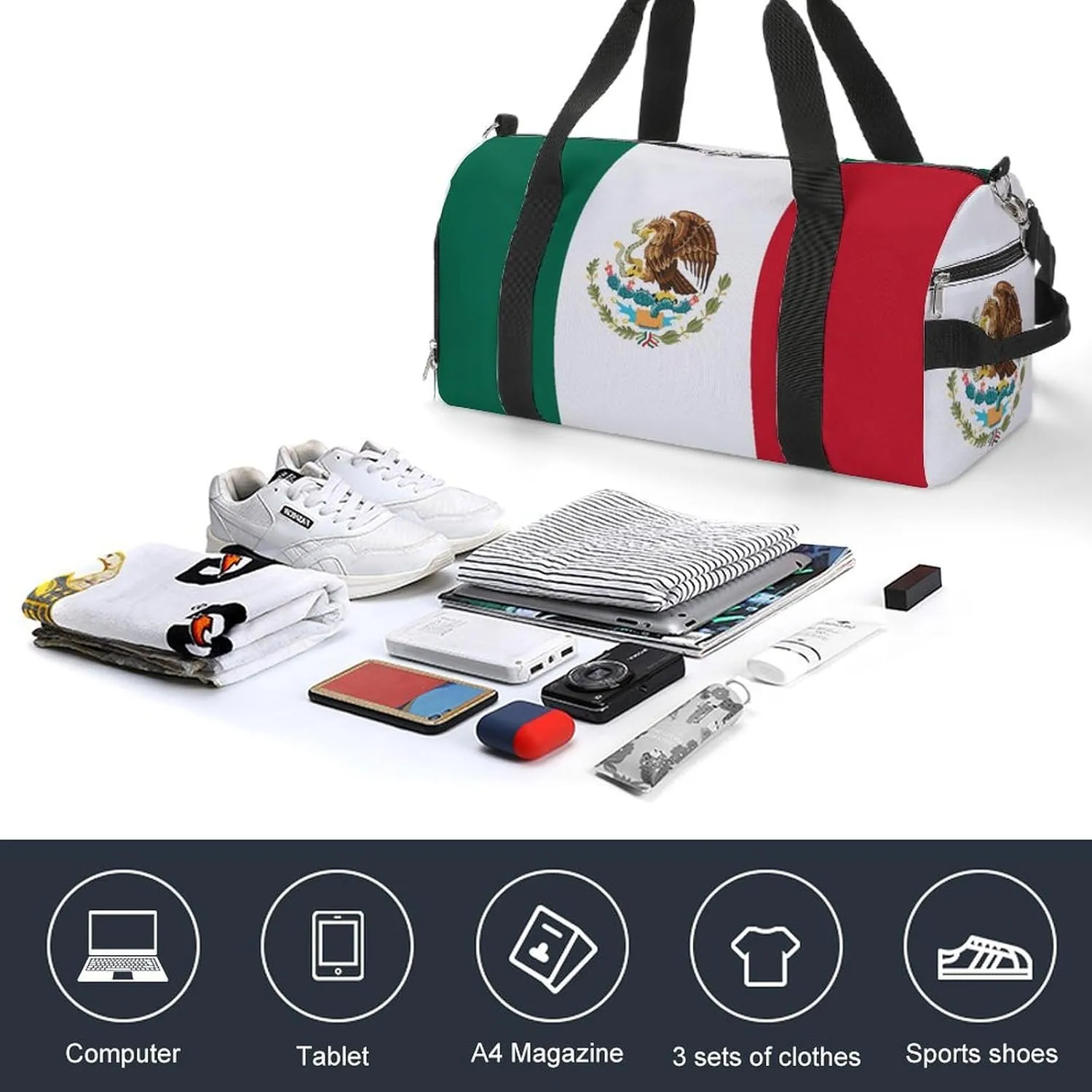 Mexican Flag Sports Duffel Bag for Men Women with Wet Pocket Shoe Compartment