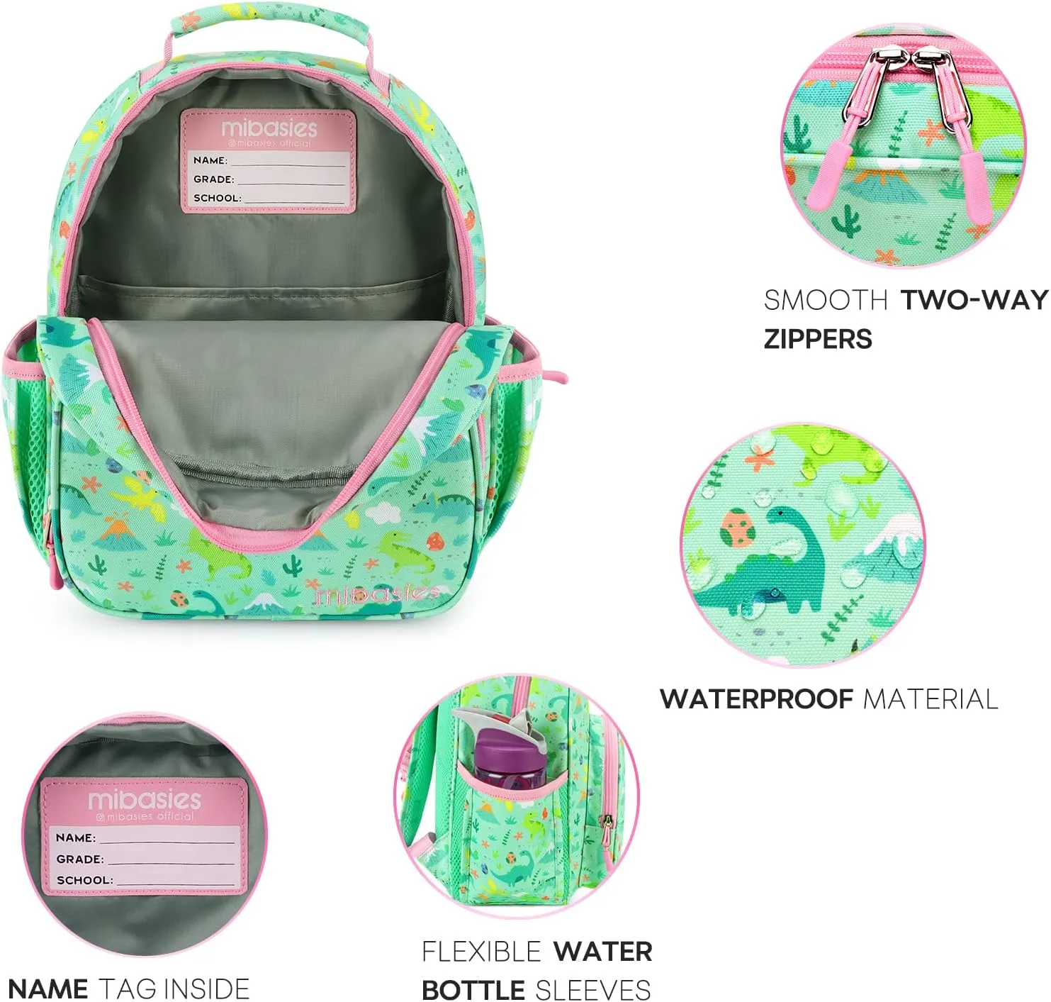 mibasies Toddler Backpack for Girls 2-4: Cute Kids Backpacks for Girls - Preschool Kindergarten Backpack - Dinosaur Forest Light Green