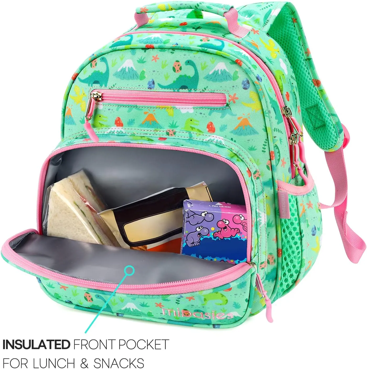 mibasies Toddler Backpack for Girls 2-4: Cute Kids Backpacks for Girls - Preschool Kindergarten Backpack - Dinosaur Forest Light Green