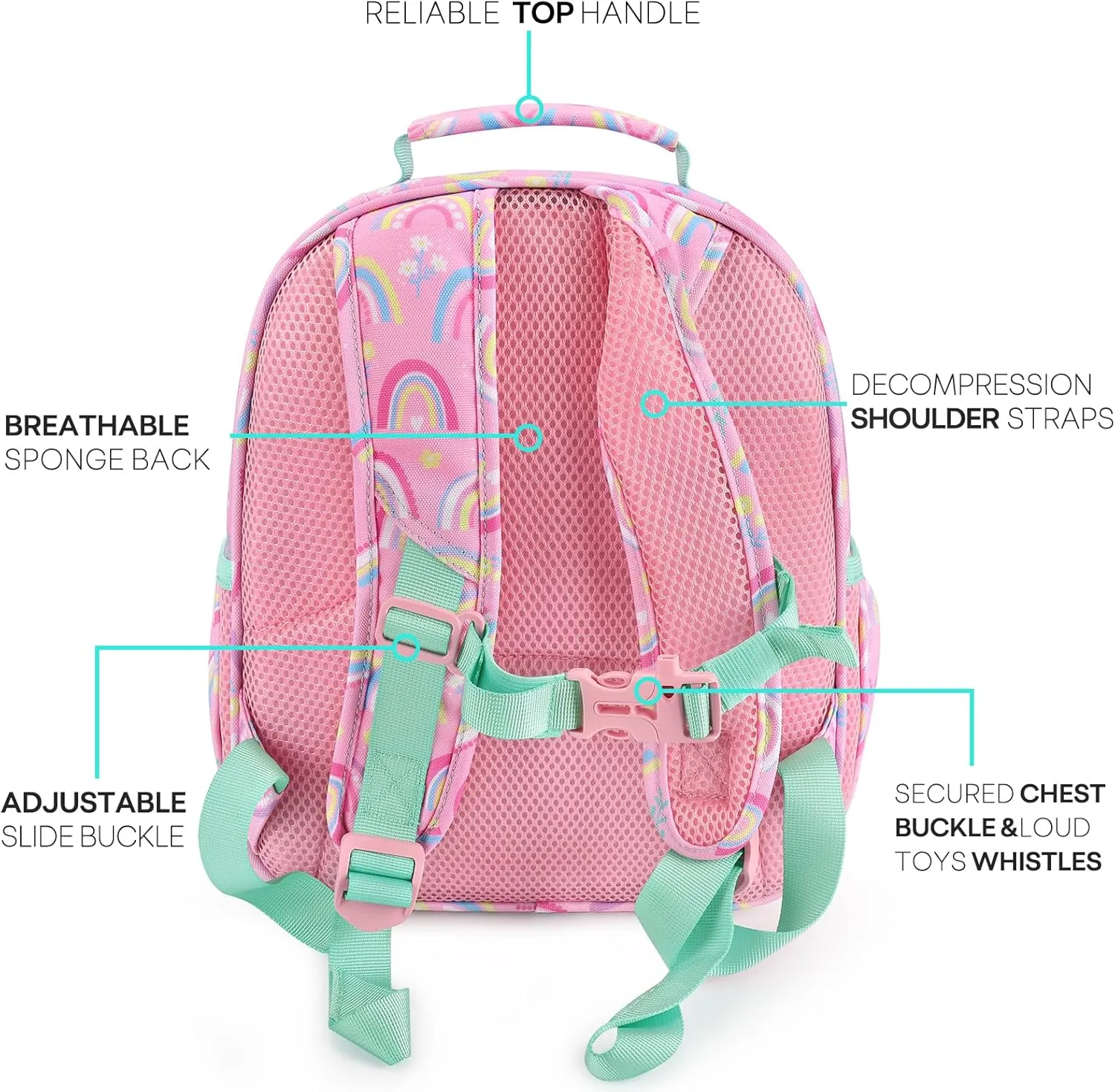 mibasies Toddler Backpack for Girls 2-4: Cute Kids Backpacks for Girls - Preschool Kindergarten Backpack - Rainbow Pink