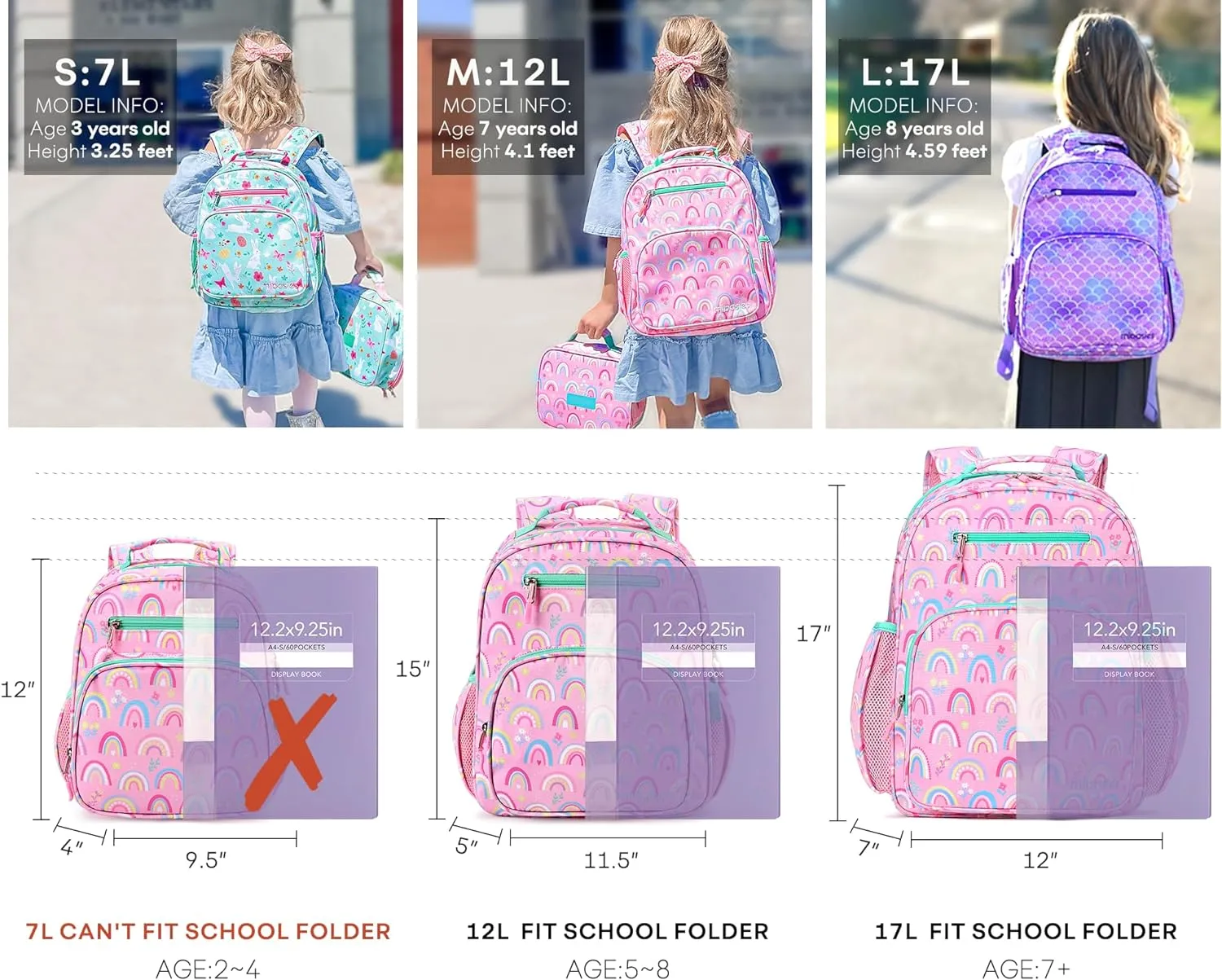 mibasies Toddler Backpack for Girls 2-4: Cute Kids Backpacks for Girls - Preschool Kindergarten Backpack - Rainbow Pink