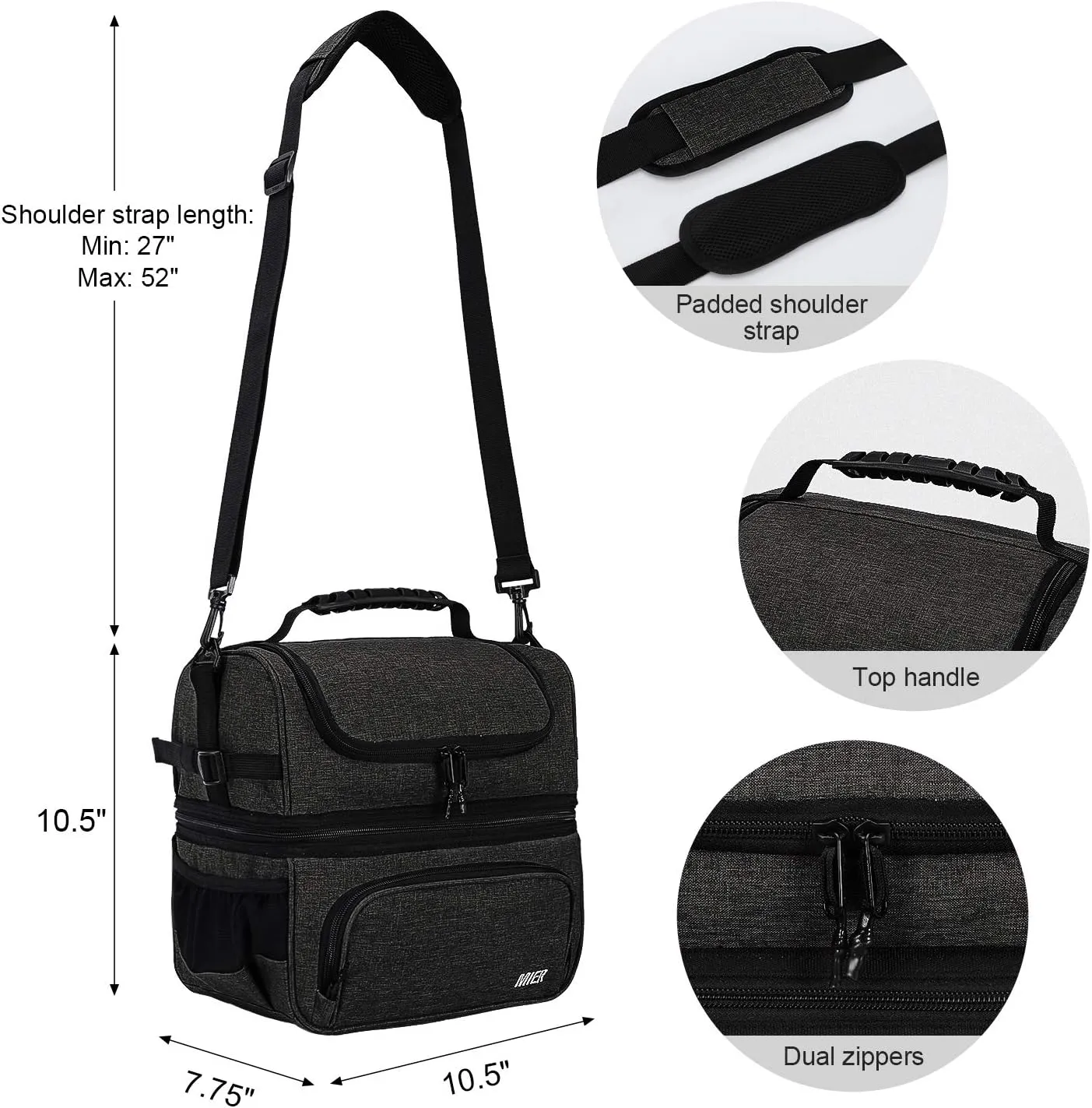 MIER Dual Compartment Lunch Bag Tote with Shoulder Strap for Men and Women Insulated Leakproof Cooler Bag, Dark Grey
