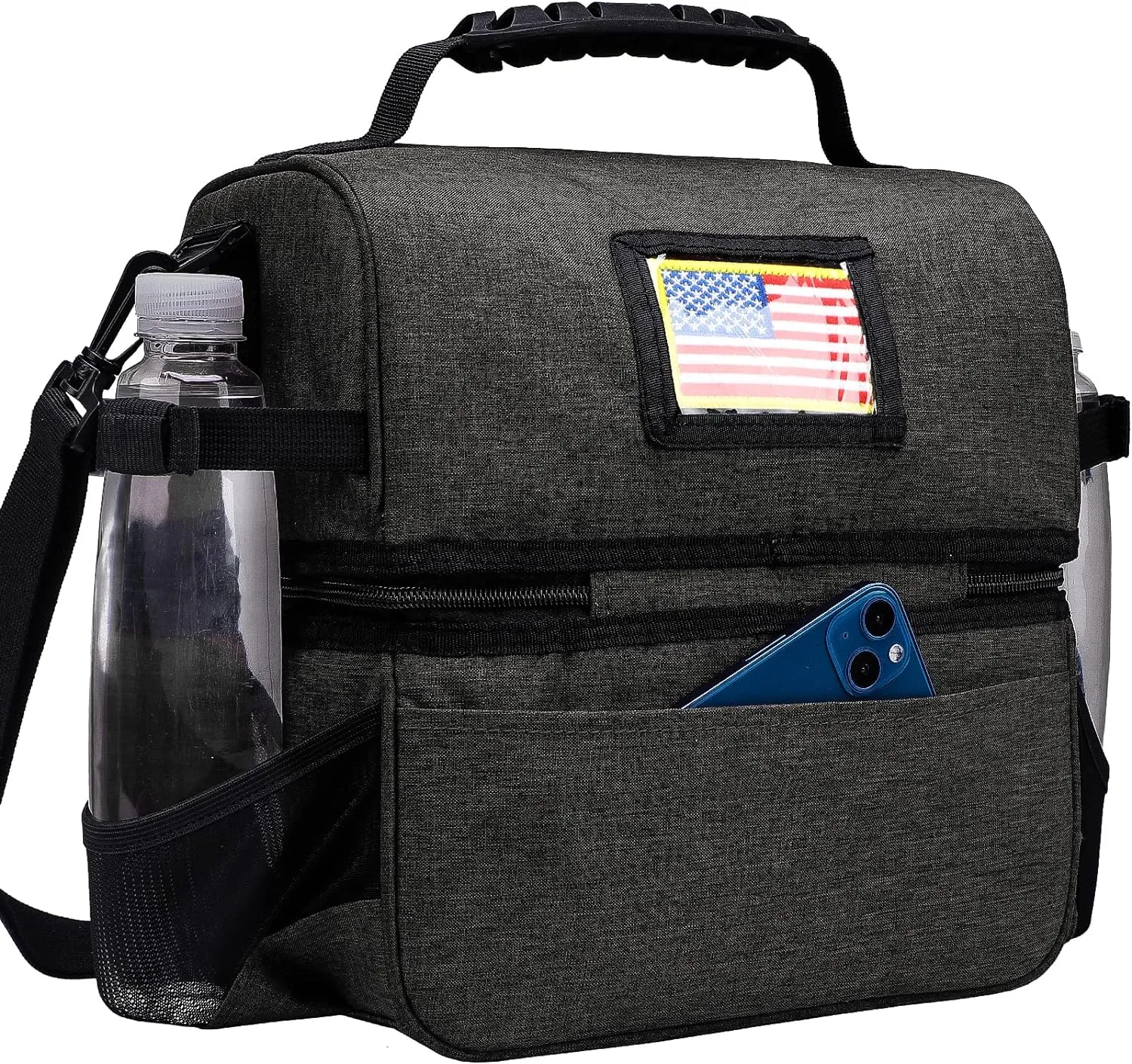 MIER Dual Compartment Lunch Bag Tote with Shoulder Strap for Men and Women Insulated Leakproof Cooler Bag, Dark Grey