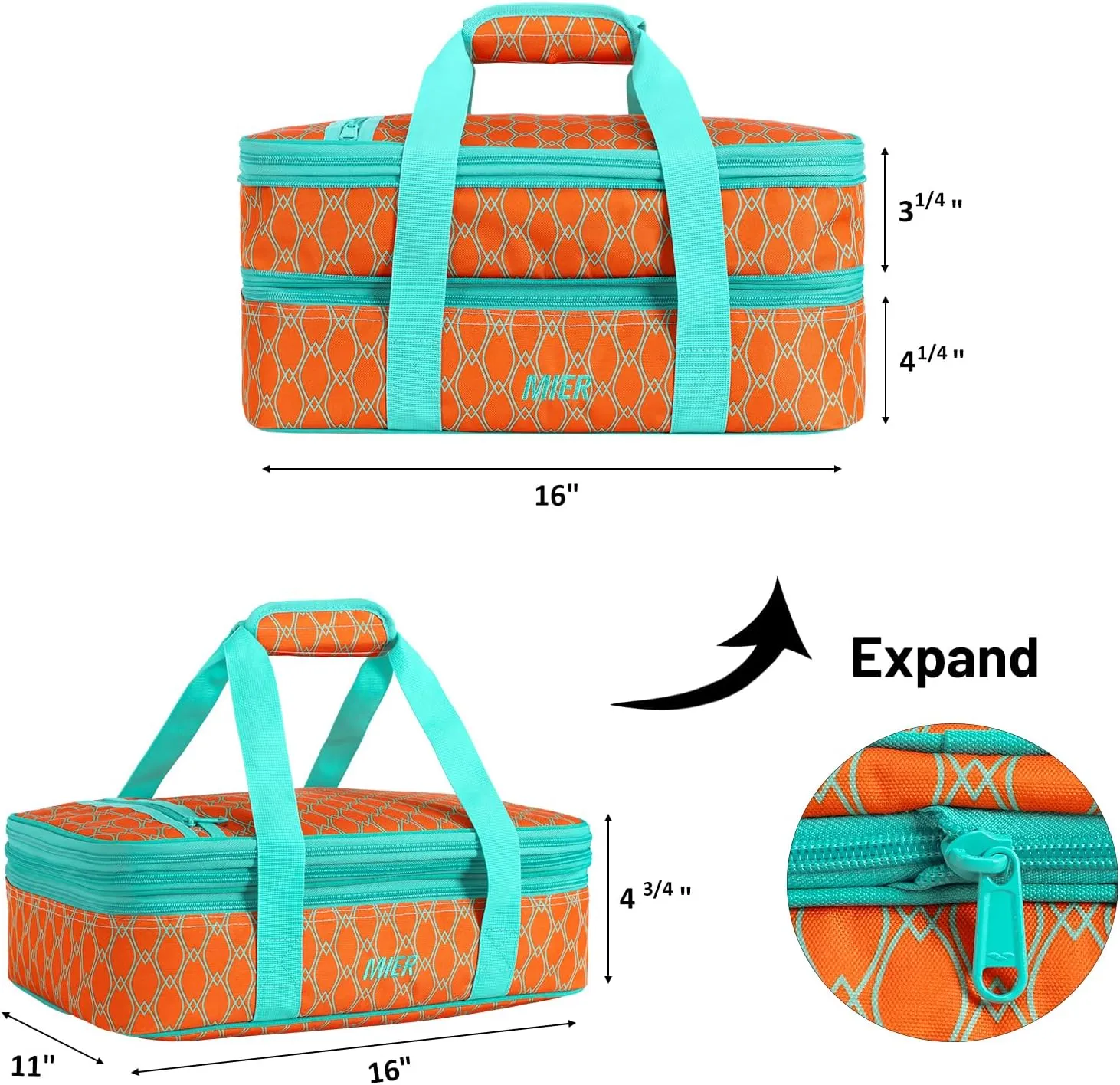 MIER Insulated Double Casserole Carrier Thermal Lunch Tote for Potluck Parties, Picnic, Beach, Fits 9 x 13 Inches Casserole Dish, Expandable by Mid Zipper, Orange