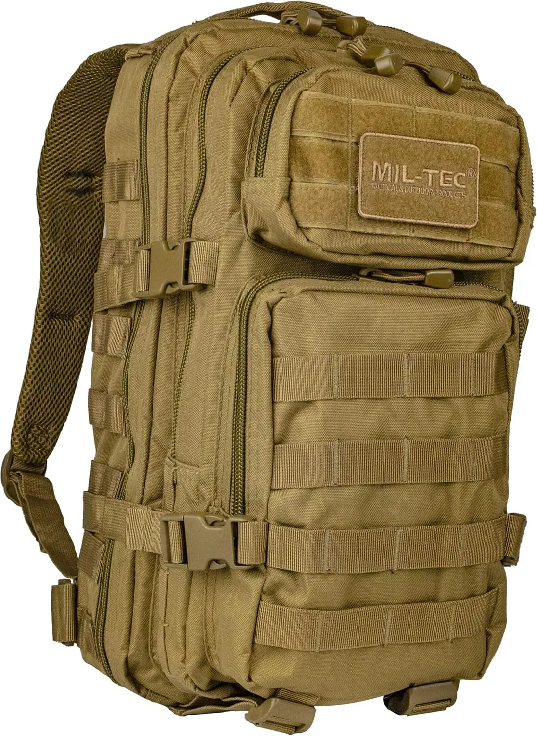Mil-Tec Unisex Assault Pack - Rugged Durable Lightweight Ergonomic Versatile Tactical Outdoor Camping Hiking Backpack with Adjustable Padded Shoulder Straps & MOLLE Loops, Coyote, 36L