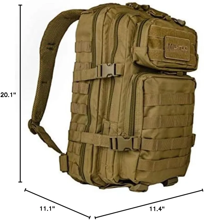 Mil-Tec Unisex Assault Pack - Rugged Durable Lightweight Ergonomic Versatile Tactical Outdoor Camping Hiking Backpack with Adjustable Padded Shoulder Straps & MOLLE Loops, Coyote, 36L