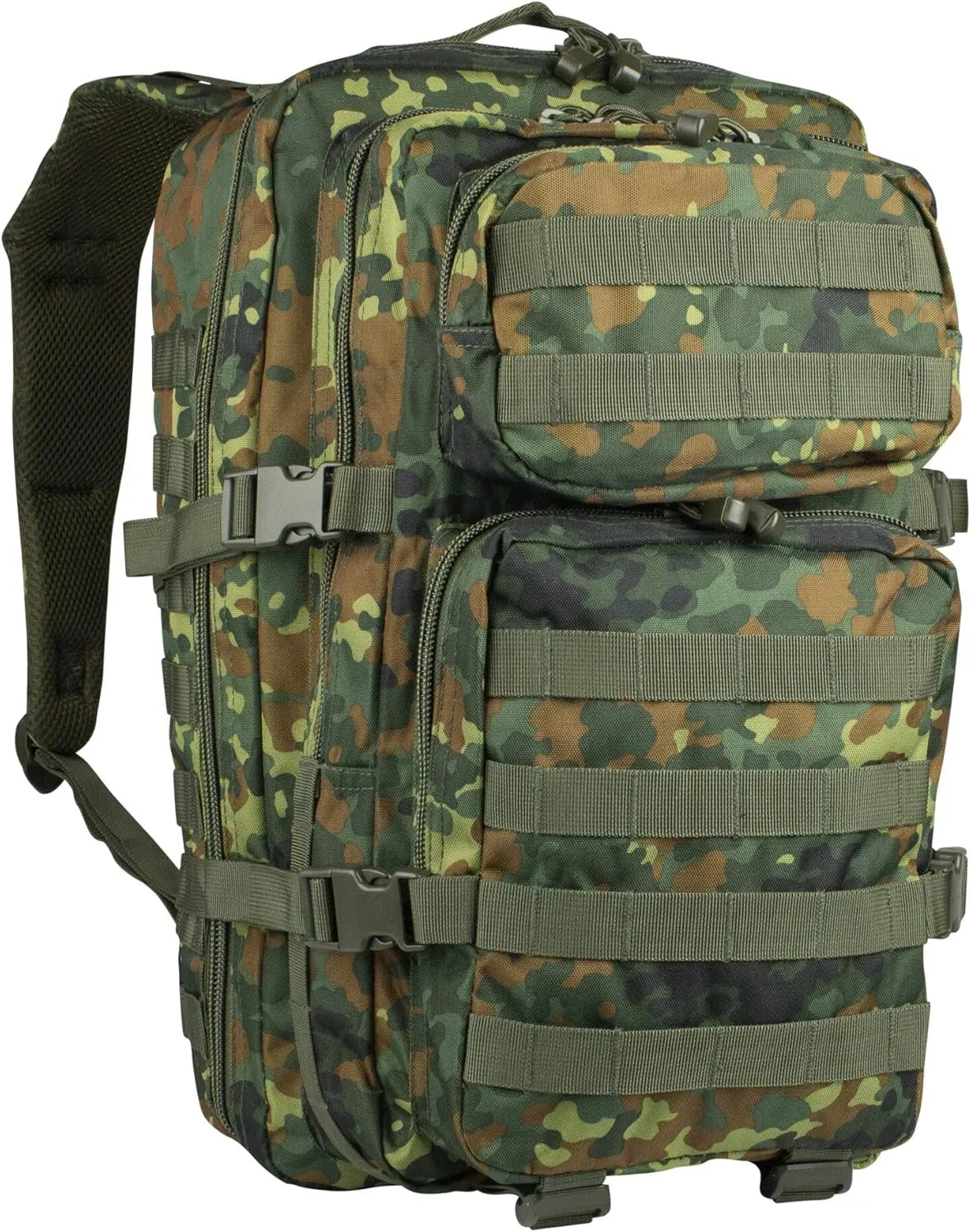Mil-Tec Unisex Assault Pack - Rugged Durable Lightweight Ergonomic Versatile Tactical Outdoor Camping Hiking Backpack with Adjustable Padded Shoulder Straps & MOLLE Loops, Flecktarn Camo, 20L